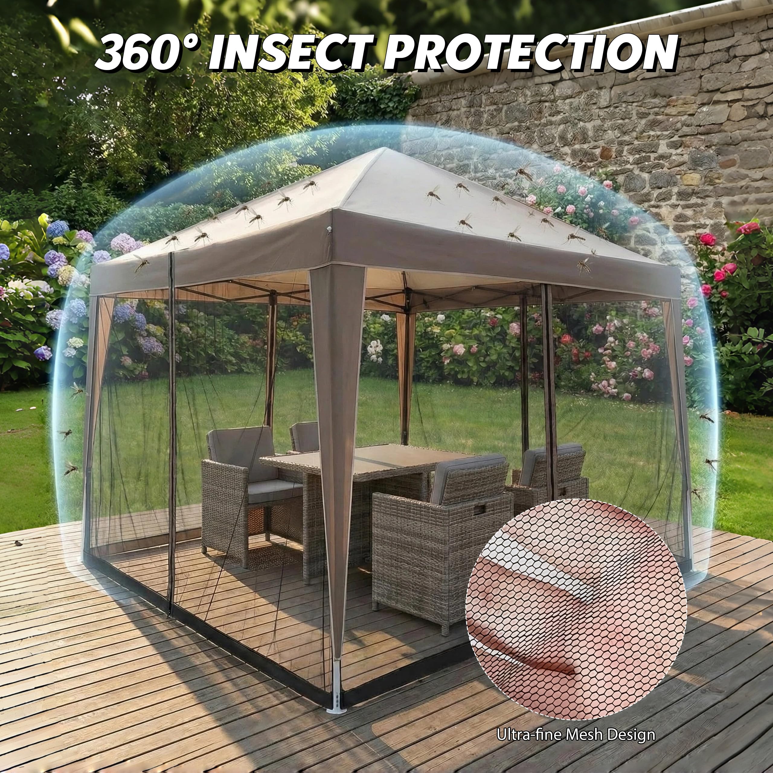Moustiquaire pour tonnelle, 3 x 3 m, réglable, avec 2 portes zippées, avec pied rempli d'eau, pour jardin, patio, cour, camping, noire