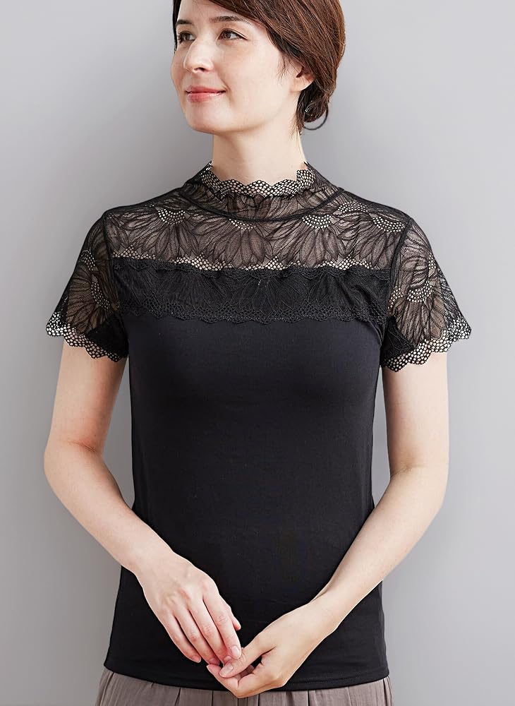 美品PLATS PLAST ネイビー プリーツ ハイネック 半袖 UVカット綿100％フライス素材プチハイネック5分袖Tシャツ