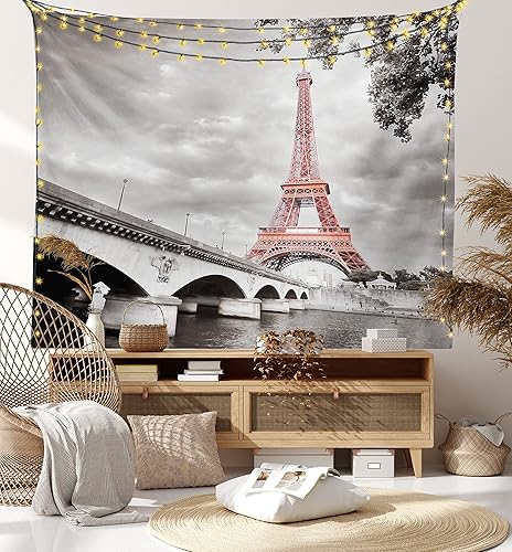 Miniatura 7 de Ambesonne Tapiz de París, puente de la torre Eiffel, capital, paisaje nublado, impresión de imagen de estilo monocromático, colgante de pared ancho