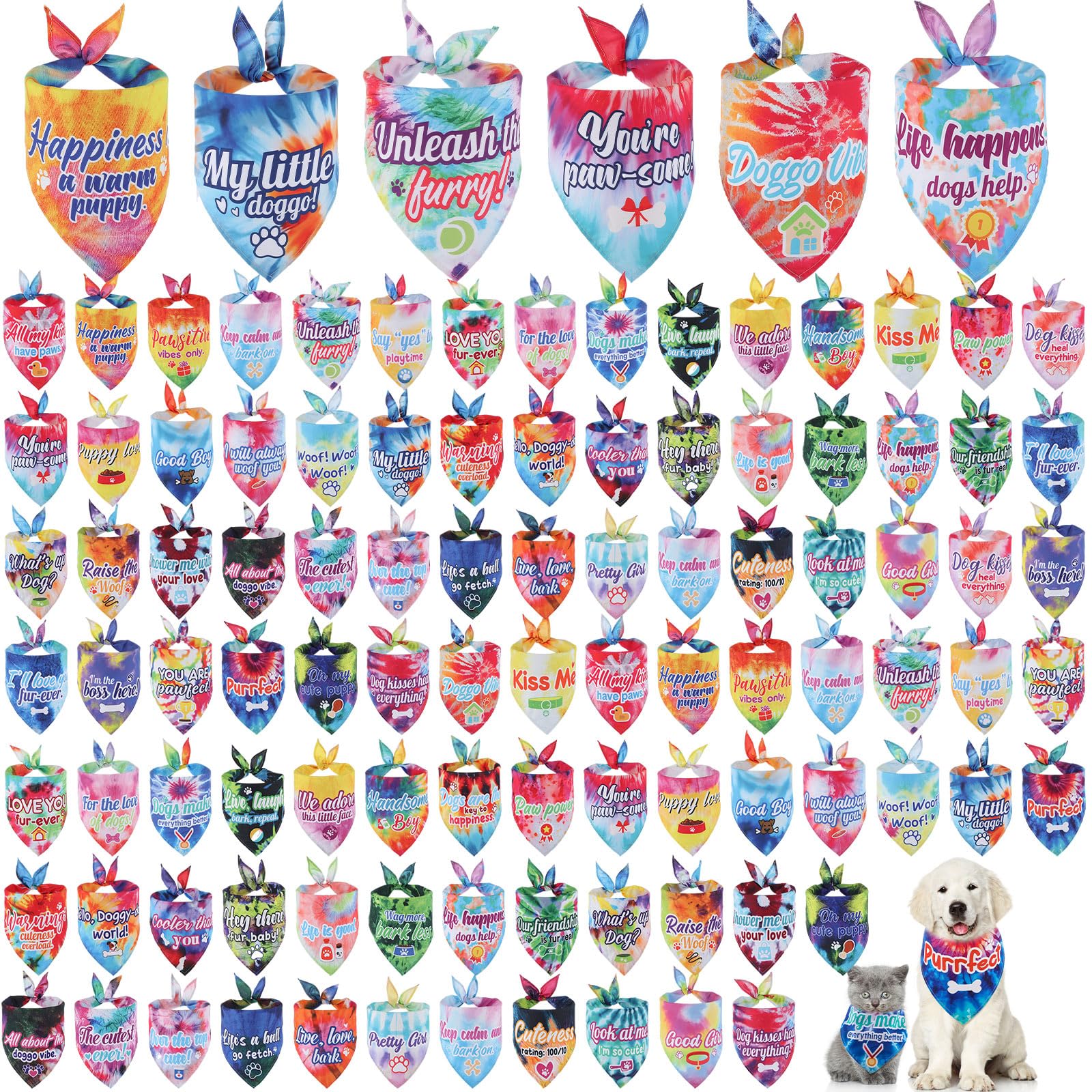 Sweetude 100 Pcs Tie Dye Dog Bandanas Bulk with Sayings Pet Triangle Scarf Bibs Washable Puppy Kerchief Adjustable Grooming Supplies for Small Medium