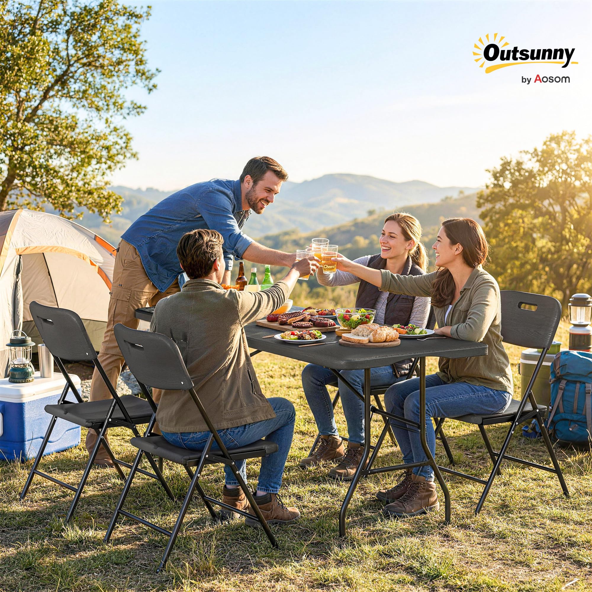 Outsunny Set Tavolo da Campeggio Pieghevole con 4 Sedie, HDPE Metall, Portatile per Picnic Esterno Giardino Nero