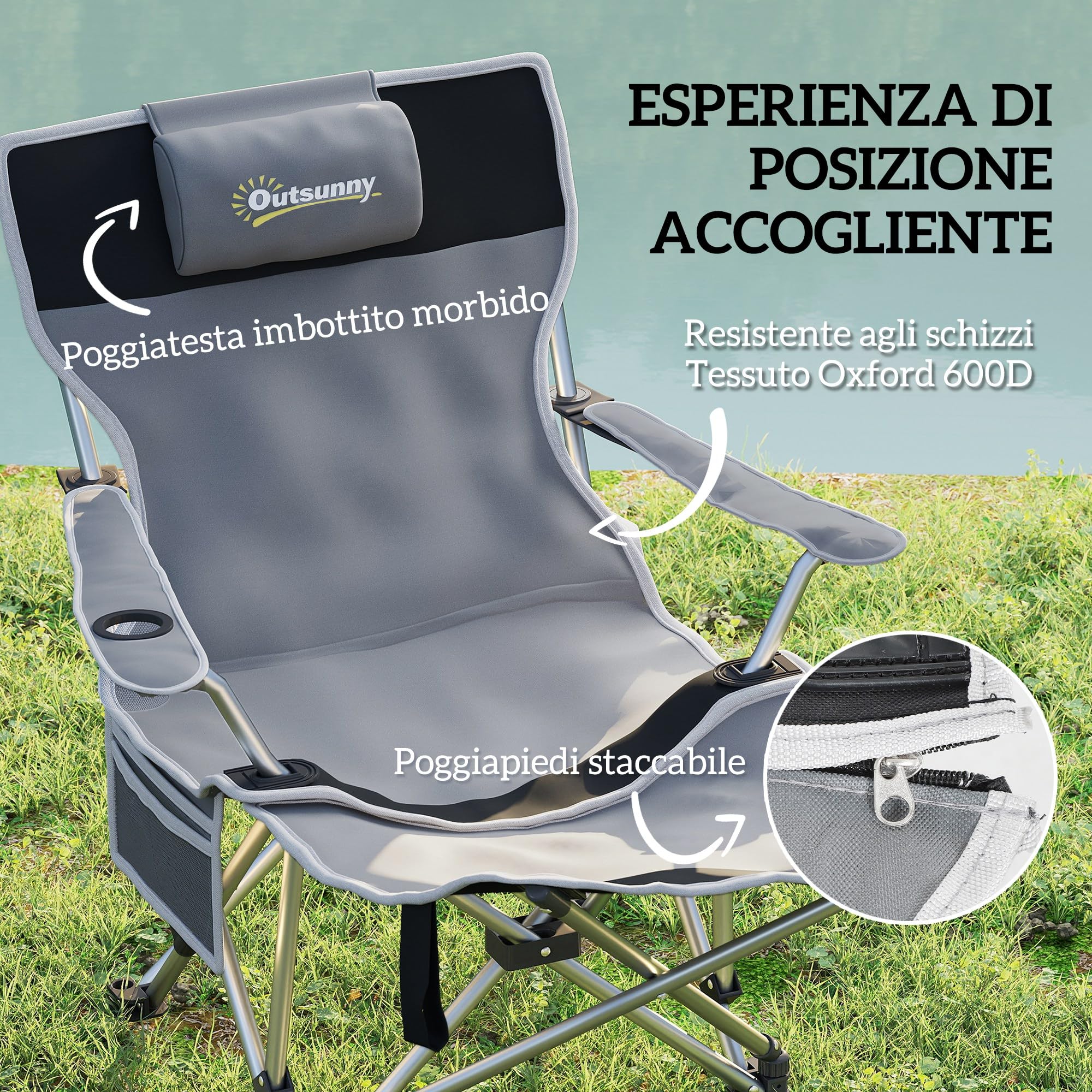 Outsunny Sedia da Campeggio Pieghevole con Poggiapiedi Staccabile, Portabicchieri e Tasca Laterale, Sedia da Giardino in Tessuto Oxford e Metallo, Portata Fino a 120 kg, 82x100x88 cm, Grigio