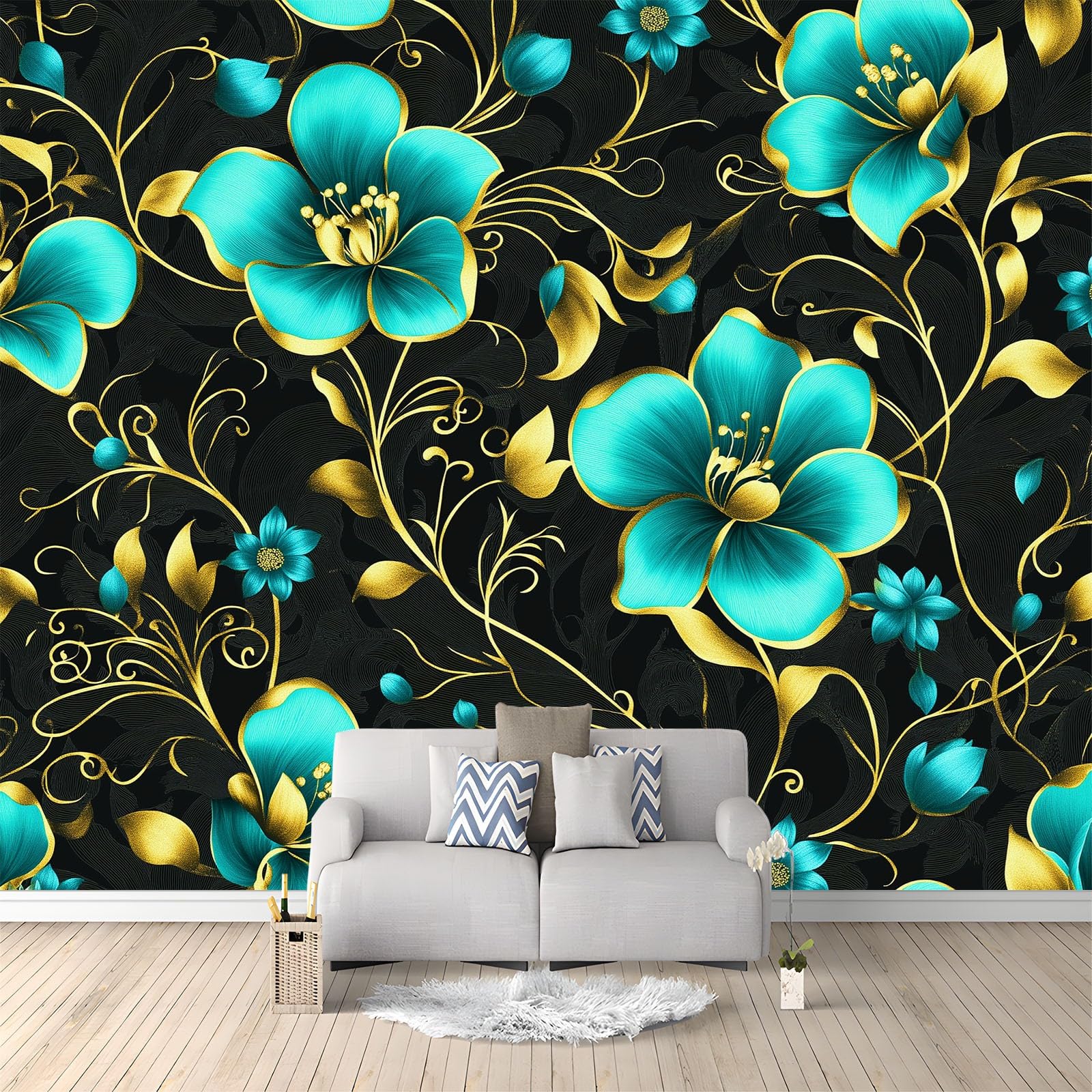 350 x 256 cm, fototapeta z włókniny, na wymiar, rośliny, kwiaty, złote pnącze, czarna, fotorealistyczny, druk HD, tapeta na fizelinie, tapeta z motywem, dekoracja ścienna, tapeta ścienna, dekoracja