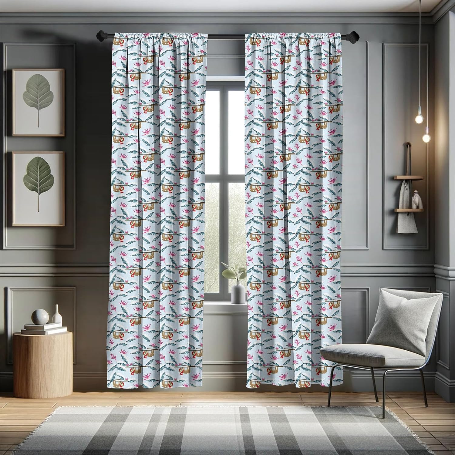 Ambesonne Funny Sloth Curtains, Strelitzia Flower Snowy Climate Palm Tree Leaves Rhythmic Pattern, Window Treatments 2 Panel Set for Living Room Bedroom, Pair of - 28" x 95", Blue Pink