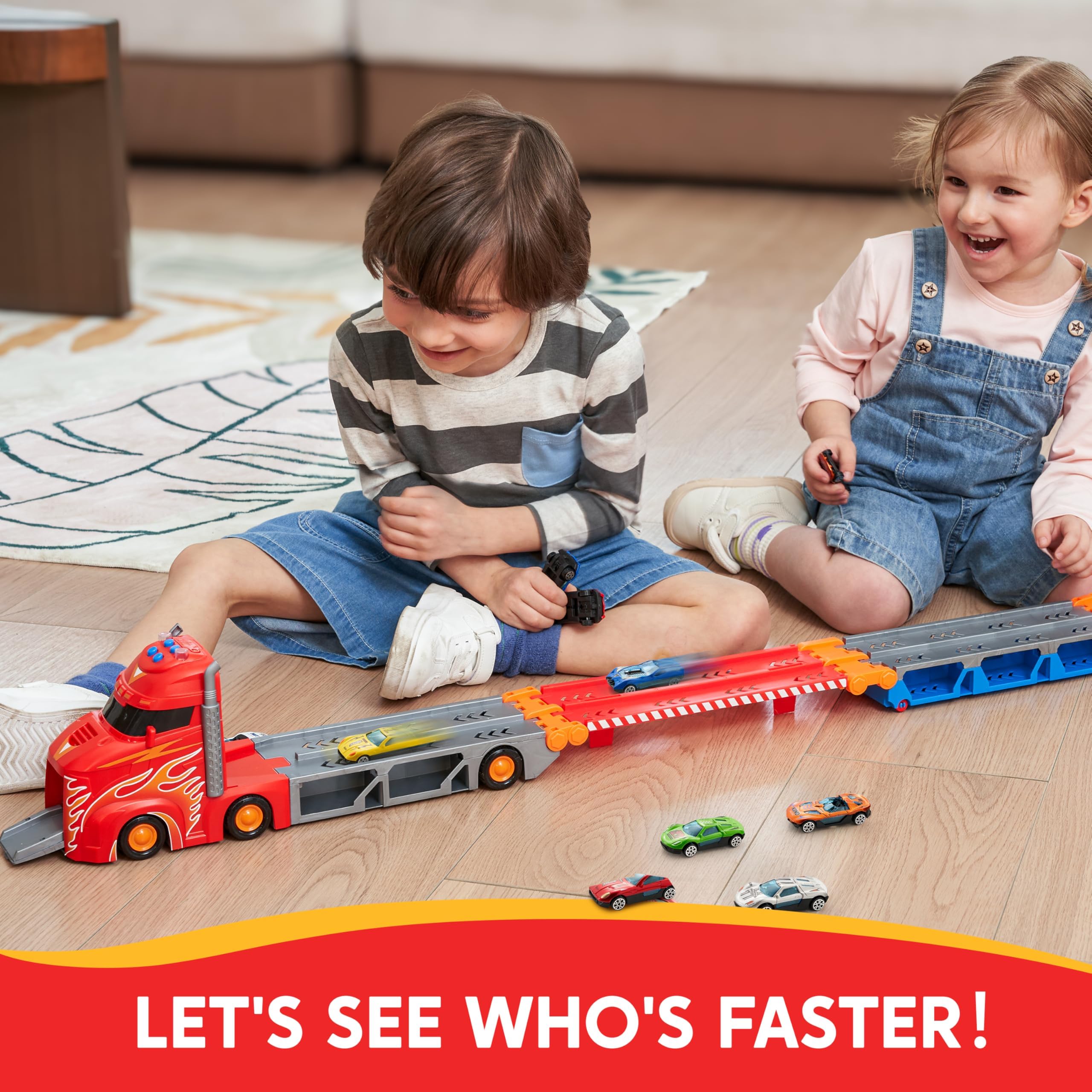SYNCFUN Transport Race Truck Toy Cars, 2,4 m, gigantyczny tor wyścigowy, składana ciężarówka-transporter, 3-poziomowy zestaw z 12 samochodami, światłami i dźwiękami, prezent dla chłopców w wieku 3, 4