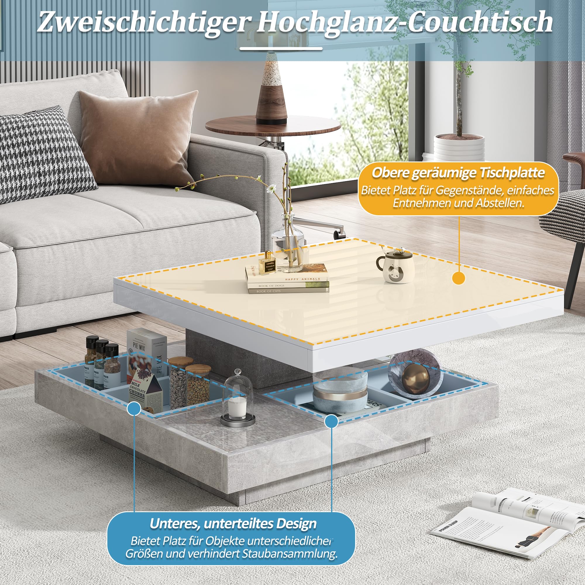 Merax Couchtisch quadratische mit Drehbarer Schreibtisch, Moderner Wohnzimmertisch mit verstecktem Ablagefach, kreativer Sofatisch Kaffeetisch Beistelltisch Mitteltisch für Home Office, Weiß & Marmor