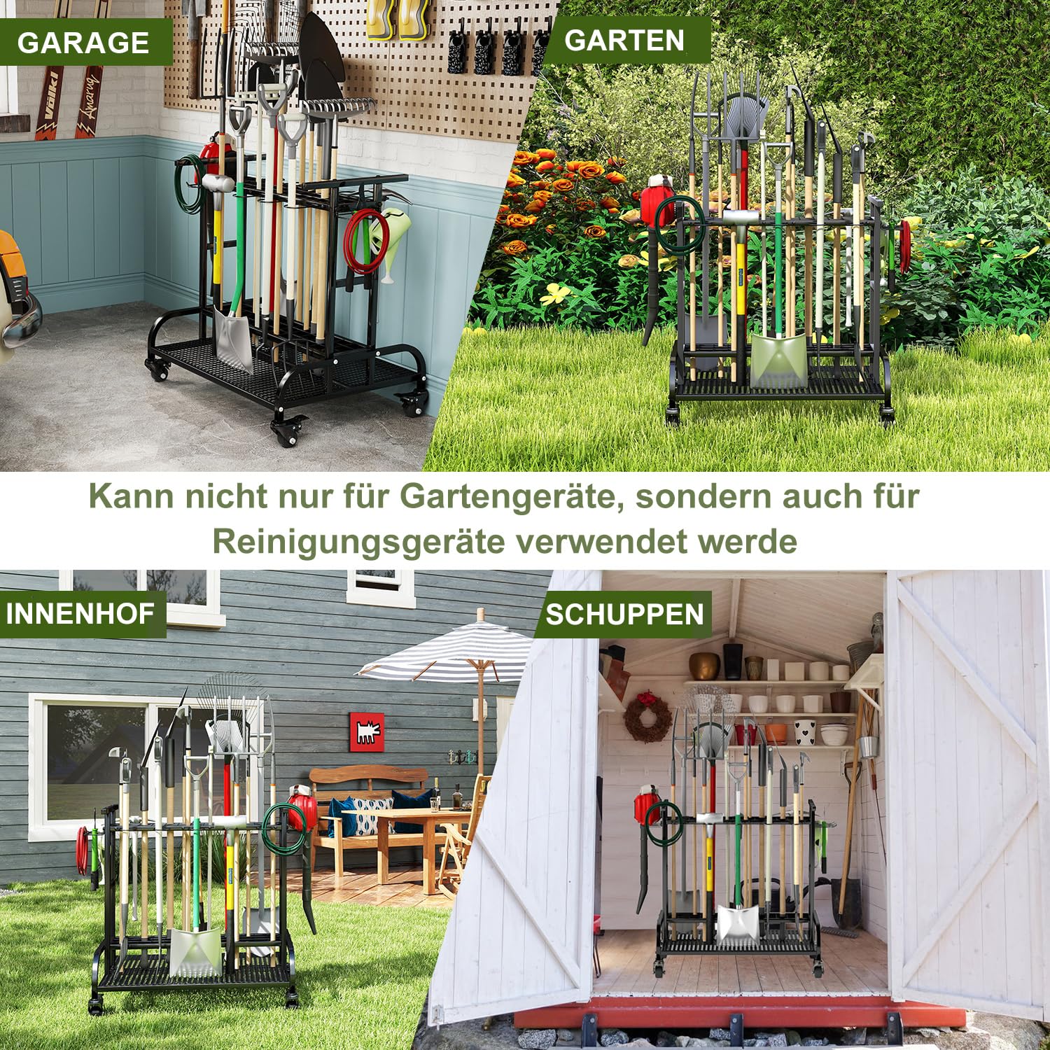 Gartengeräte Aufbewahrungsregal Gartengerätehalter Metall Gartengeräteständer mit Rollen Haken, bis zu 60 Werkzeuge, Mehrzweck Gerätehalter Organizer für Garage, Gärten, Hof, Schuppen