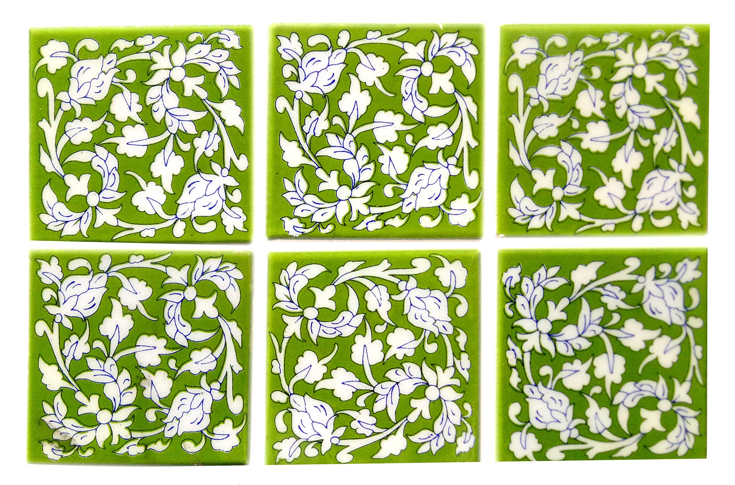 Shiv Kripa Blue Pottery Home Decor Ceramic Handmade Wall Tiles 4 x 4 Inch Set of 6 Tiles (Green & White)-image-49