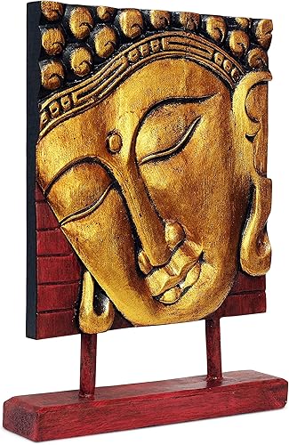 Miniatura 3 de Estatua de madera de 15 pulgadas con cabeza de Buda serena hecha a mano, escultura meditadora, decoración decorativa para el hogar, decoración del