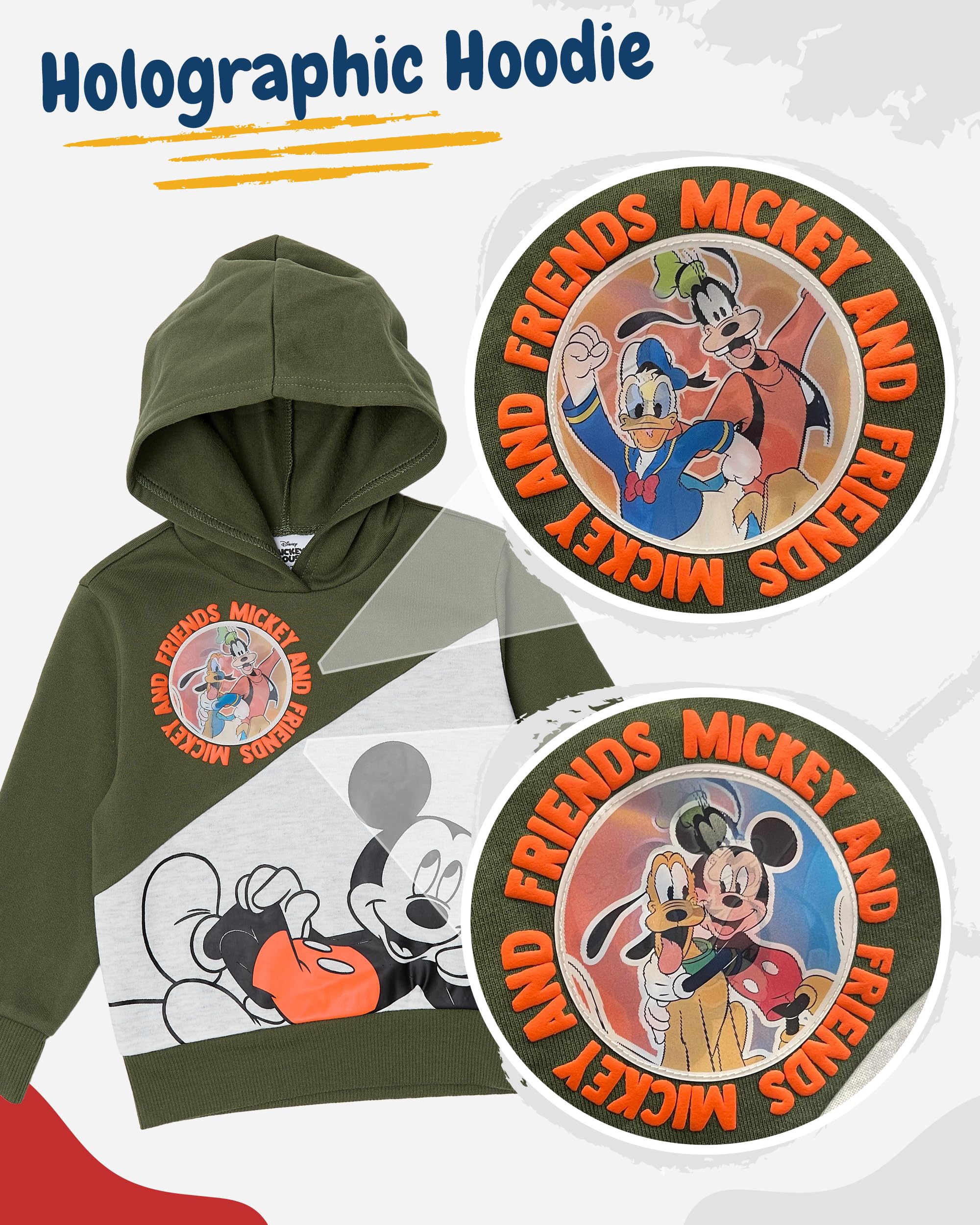 Disney Mickey Mouse Boys Hoodie and Jogger Pants Set with Lenticular Patch, 2-Piece Fleece Outfit (Green, 2T)