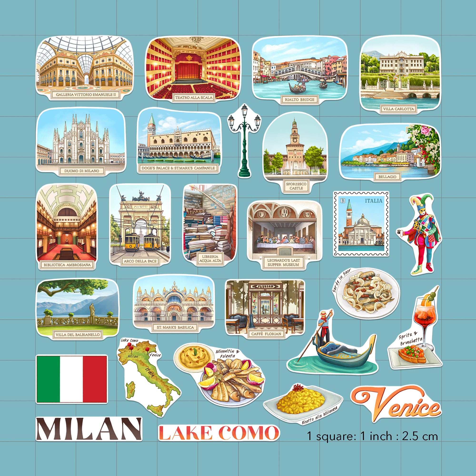 Navy Peony Northern Italy Travel Stickers (28pcs), Gouache Style, Waterproof - Image 2