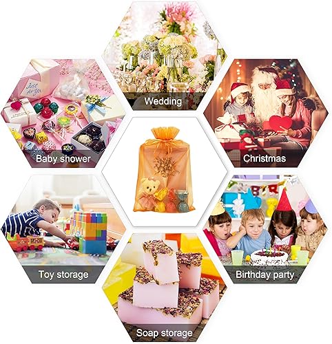 Miniatura 5 de Jexila - 50 bolsas de regalo de organza naranja de 8 x 12 pulgadas con cordón de malla para Halloween, bolsas de golosinas para niños, bolsas de