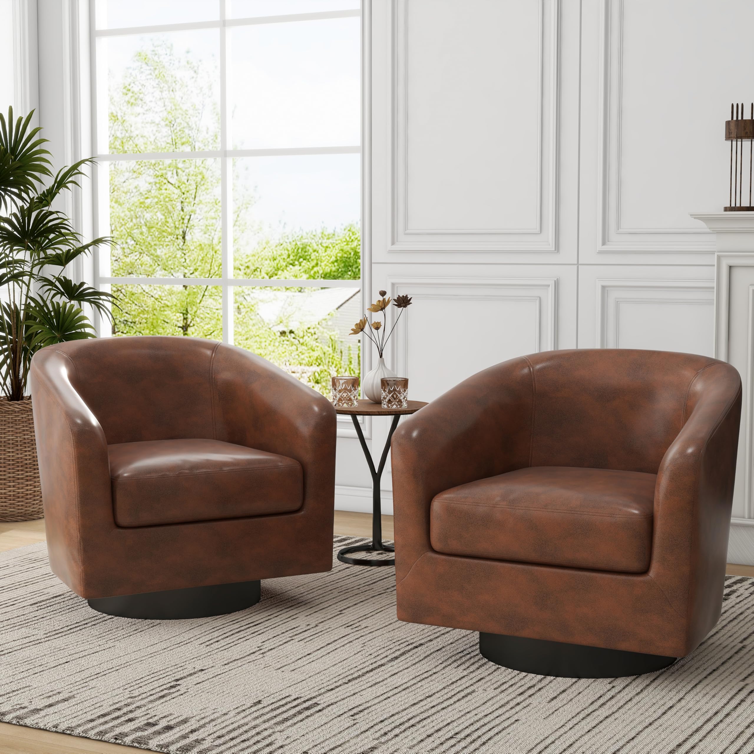UIXE Swivel Accent Chairs Set of 2, PU Leather Barrel Club Chair Upholstered Armchair for Living Room, Round Arm Chair Bedroom Single Sofa Reading
