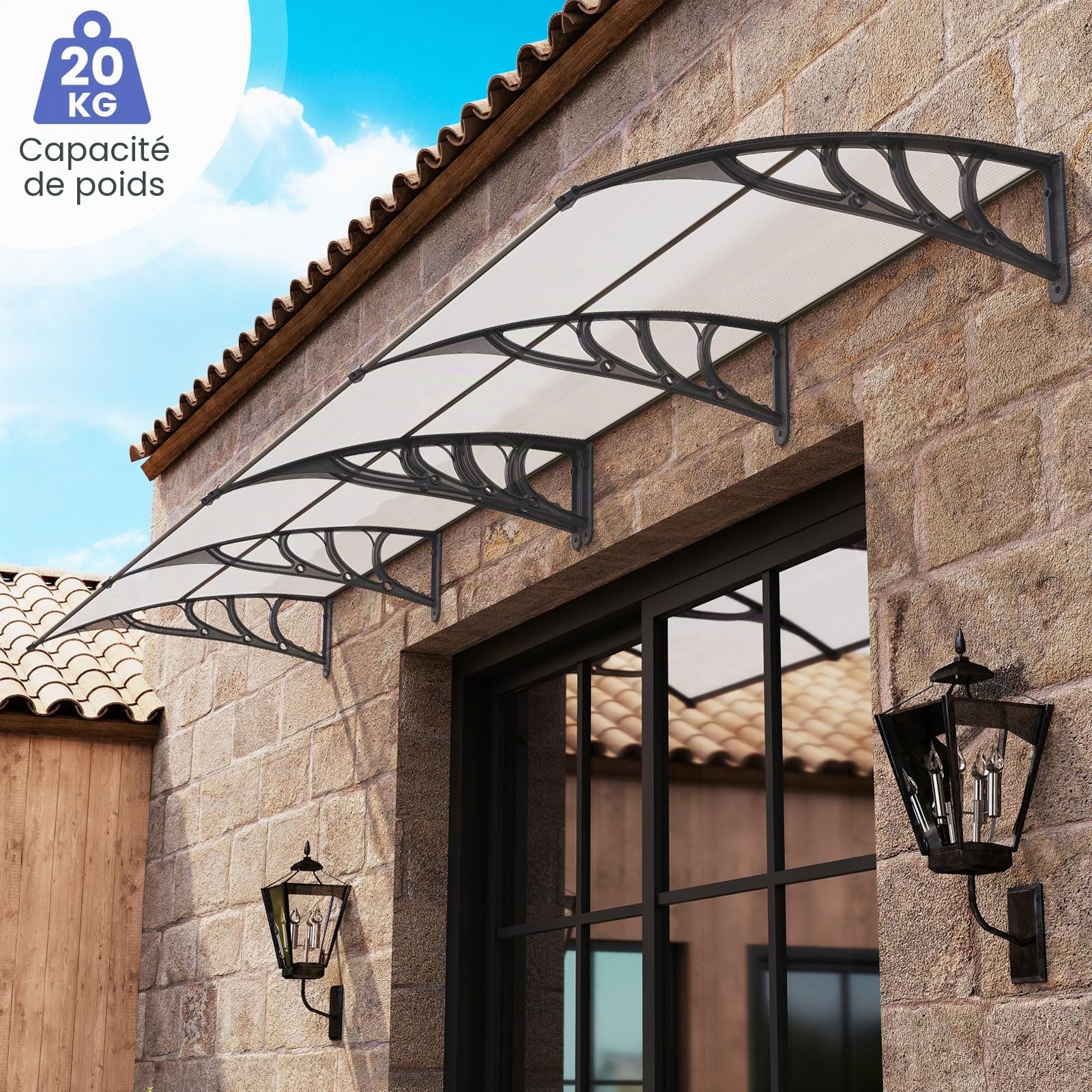 RELAX4LIFE Marquise de Porte Exterieur 200x100 CM, Auvent Porte d’Entrée en Polycarbonate, Protection Contre Pluie et UV, Auvent Marquise Aluminium pour Terrasse (200 x 100 cm,PC Transparent/Gris)