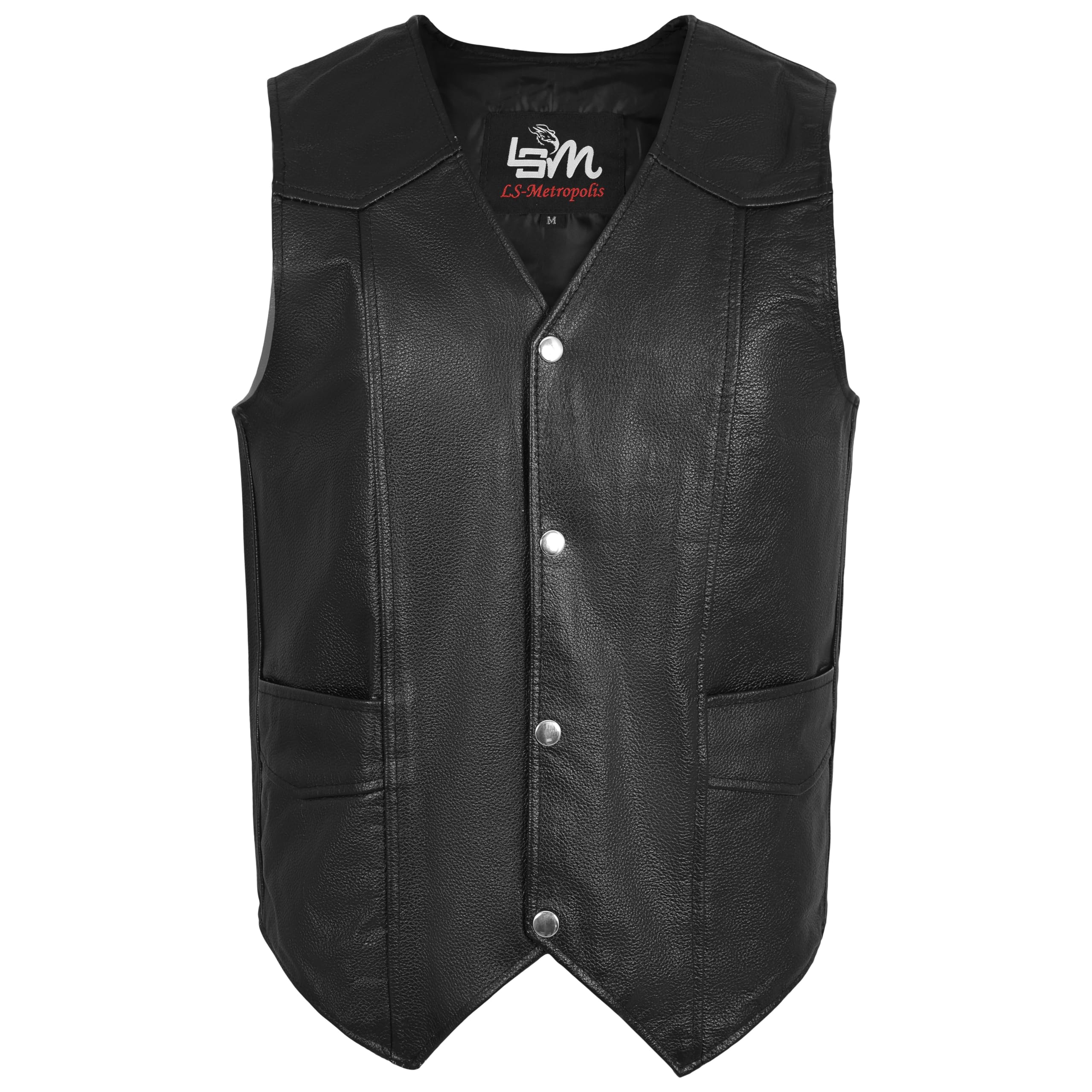 LSM Gilet da motociclista in vera pelle nera da uomo, stile vintage, slim fit, con tasche, impermeabile e resistente, design tattico e abbigliamento all'aperto, Nero , 4XL