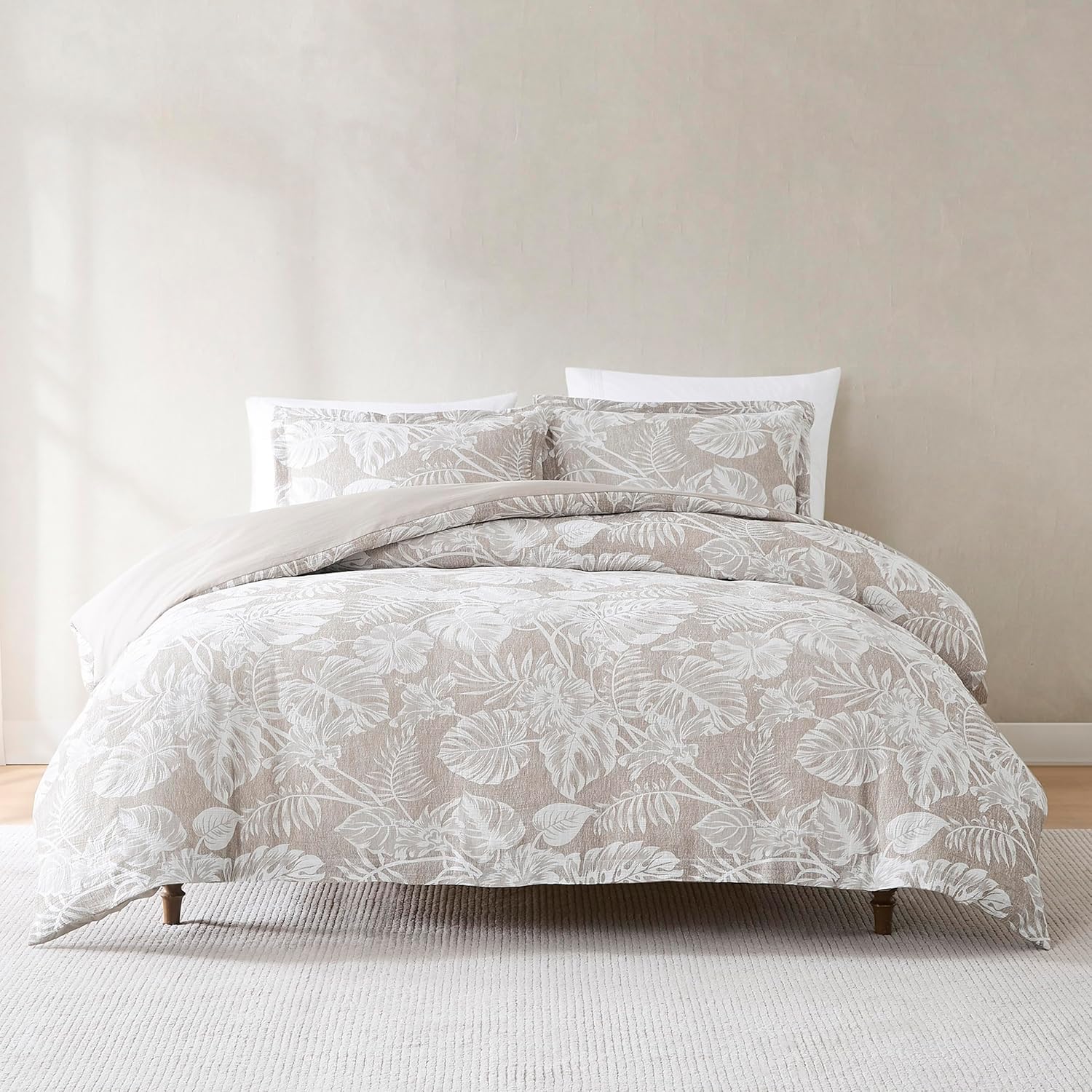 Lush Decor Bali Tropical Leaves Gauze Jacquard Duvet Cover 3 Piece Set Full/Queen Neutral - Tropical Bedding Sets - Brown Duvet Cover - Coastal Decor