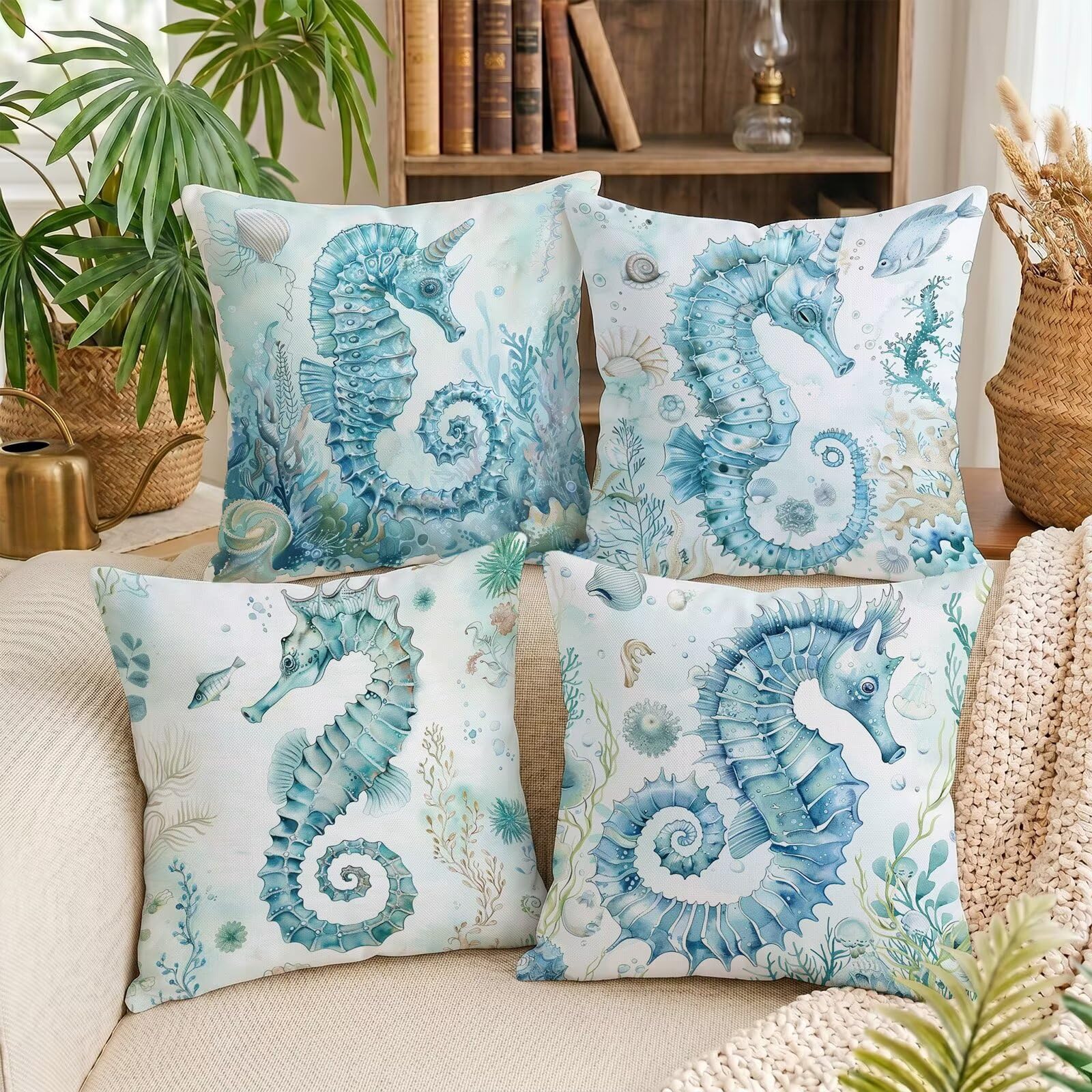 Federe Cuscini Divano 60x60cm Set di 4 Stampa Fronte-Retro Oceano Haima in Lino Copricuscini, Cuscini da Esterno Impermeabili per Soggiorno Camera da Letto Giardino & Arredamento Casa C-O163