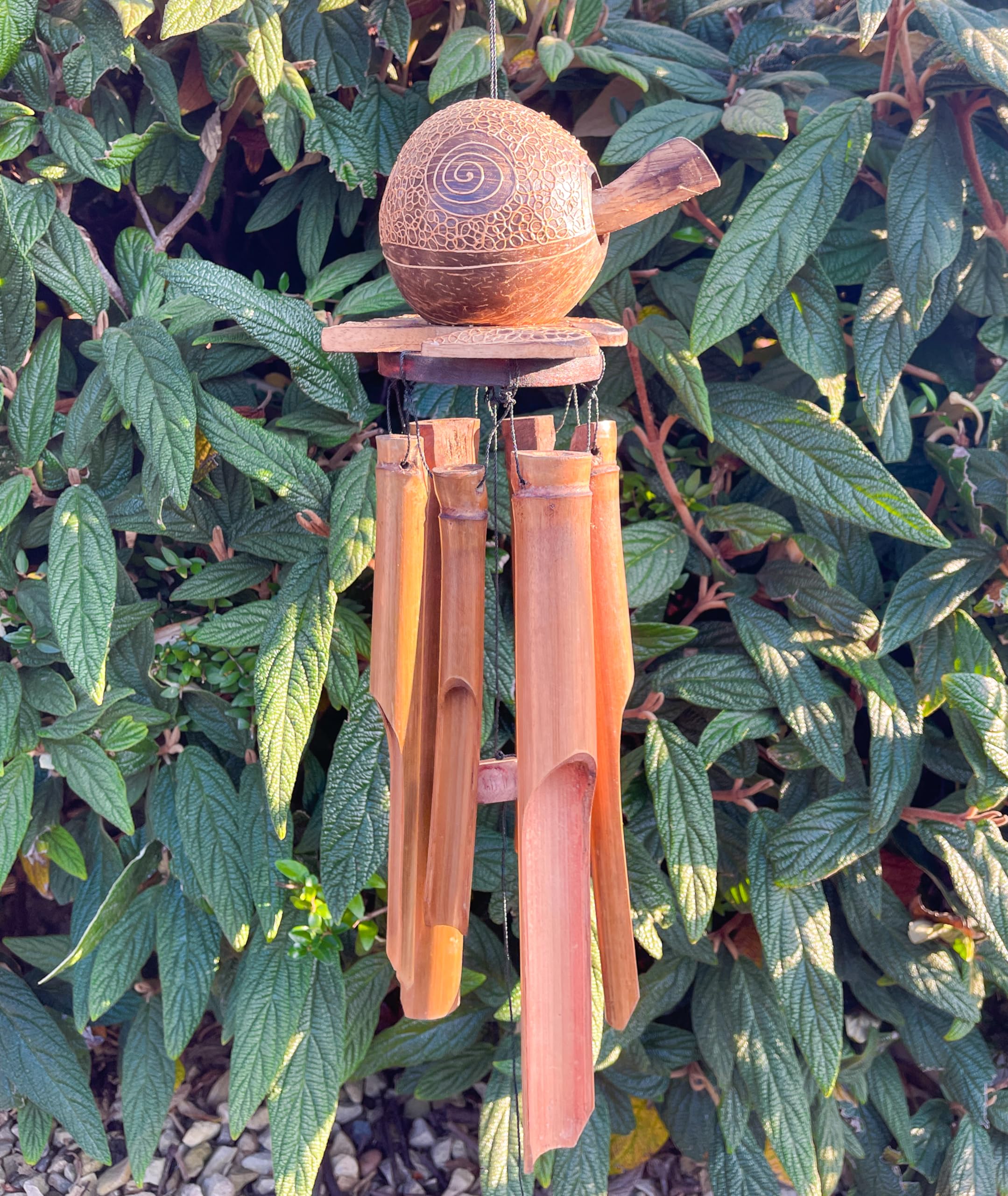 Turtle Bamboo Wind Chime Garden Ornament Natural Bamboo And Coconut Shell Hand Carved Fair Trade Outdoor