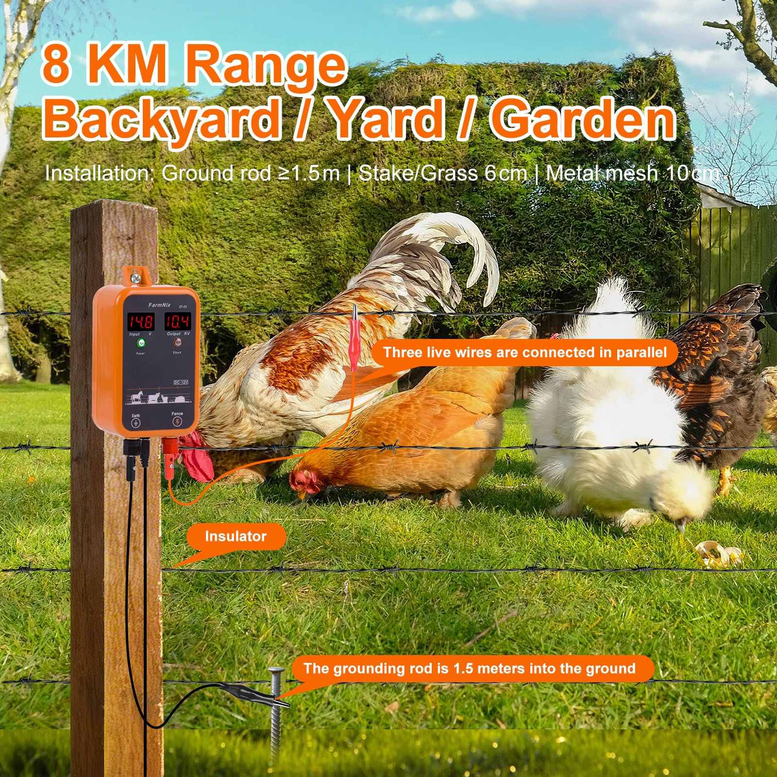 Energizador de Cerca Eléctrica 12V con pantalla LED digital, 1J 230V para alcance 8 KM, para animales pequeños, aves y mascotas, ideal para jardín, granja y pasto