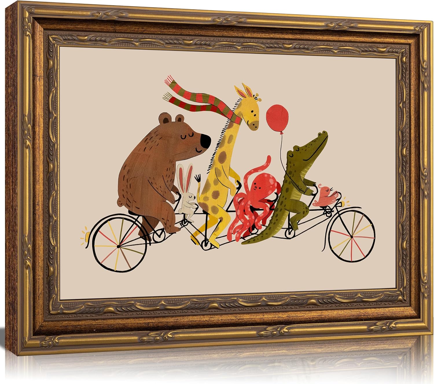 Vintage Gold Framed Wall Art Colorful Animals Bike Parade Picture Nursery Wall Decor Bird Crocodile Giraffe Rabbit and Bear Pedaling Poster Painting Prints Artwork for Kids Boys Girls Room Playroom