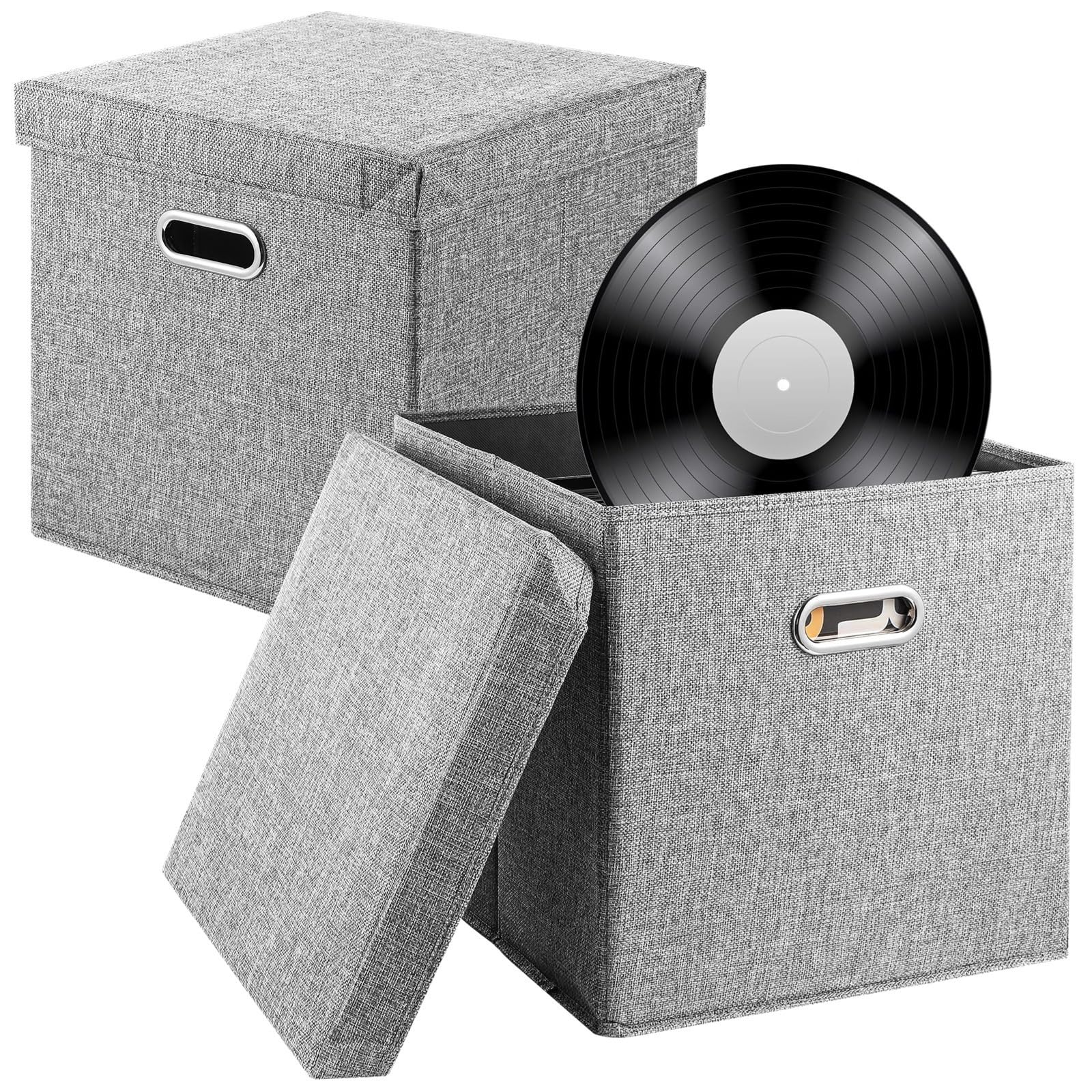 Set di 2 contenitori per dischi in vinile, 33 x 33 x 33 cm, può contenere fino a 50 litri, casse in tessuto con coperchio per album e traslochi