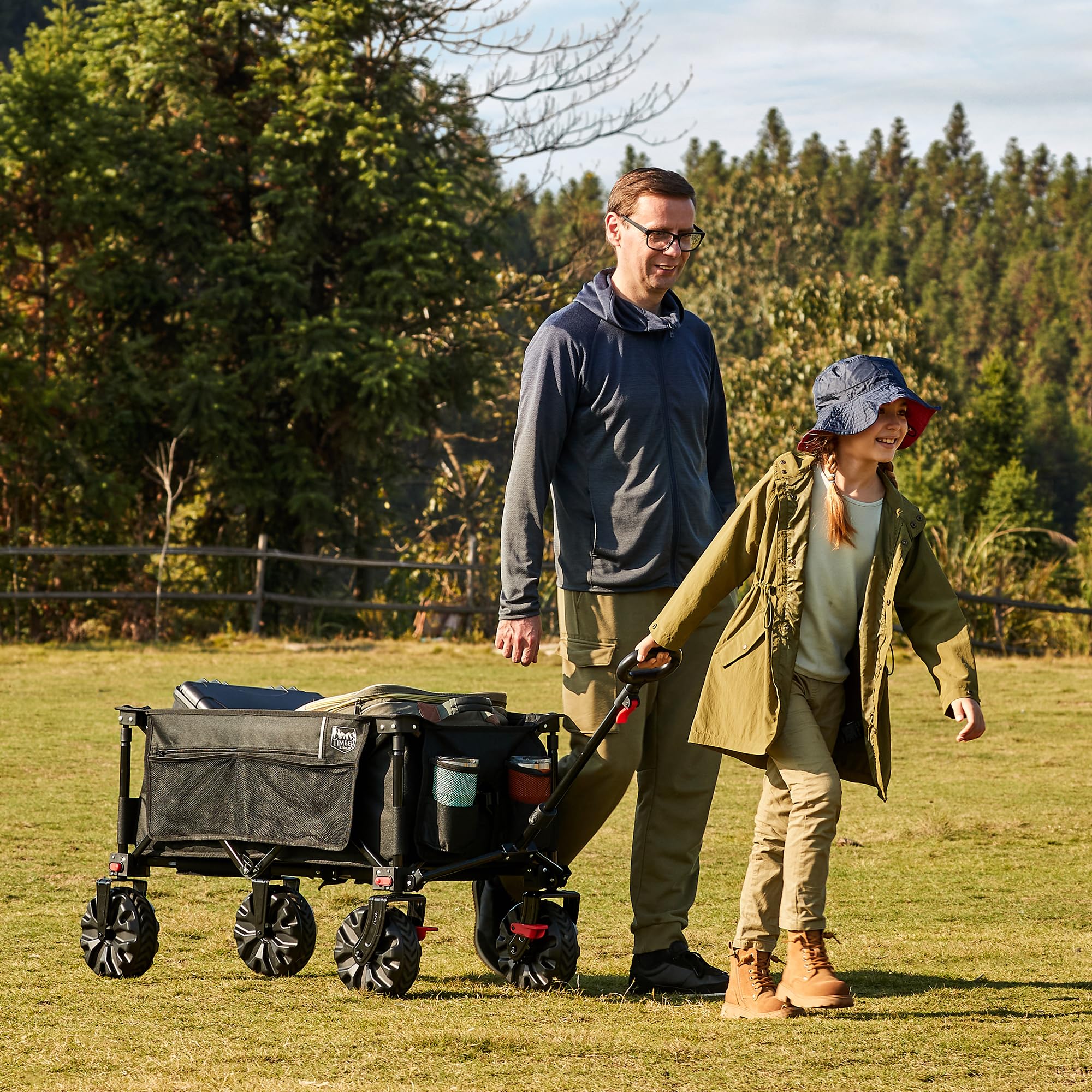 TIMBER RIDGE XXL Chariot de Transport Pliable avec Frein Chariot Plage à roulettes Tout Terrain Roues Amovibles Poignée Réglable Poche Latérale pour Jardin Plage Camping Pique-Nique BBQ Match