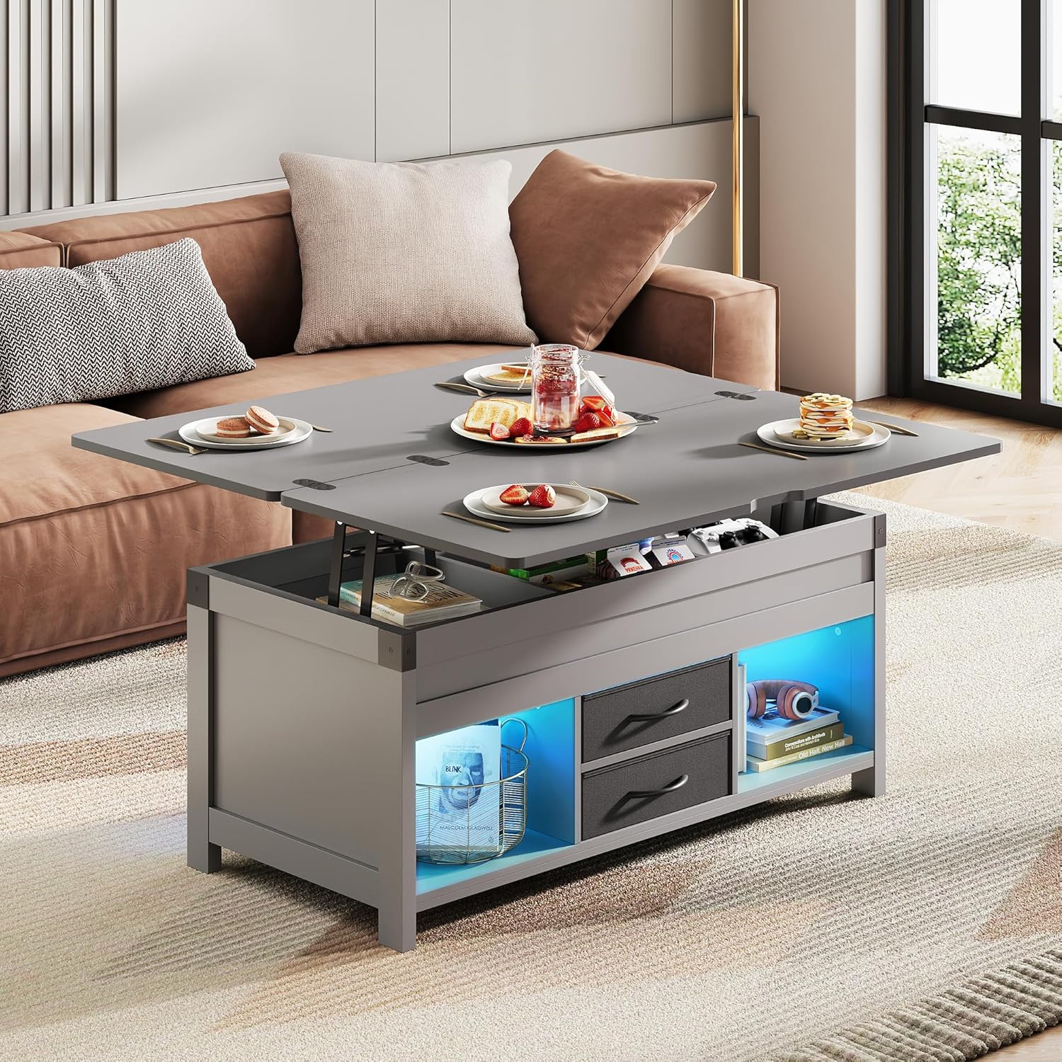 WLIVE 40" Lift Top Coffee Table, 4 in 1 Coffee Tables with Storage, 2 Fabric Drawers, LED Light and USB, Modern Coffee Table with Hidden Compartment for Living Room, Dining Room, Grey