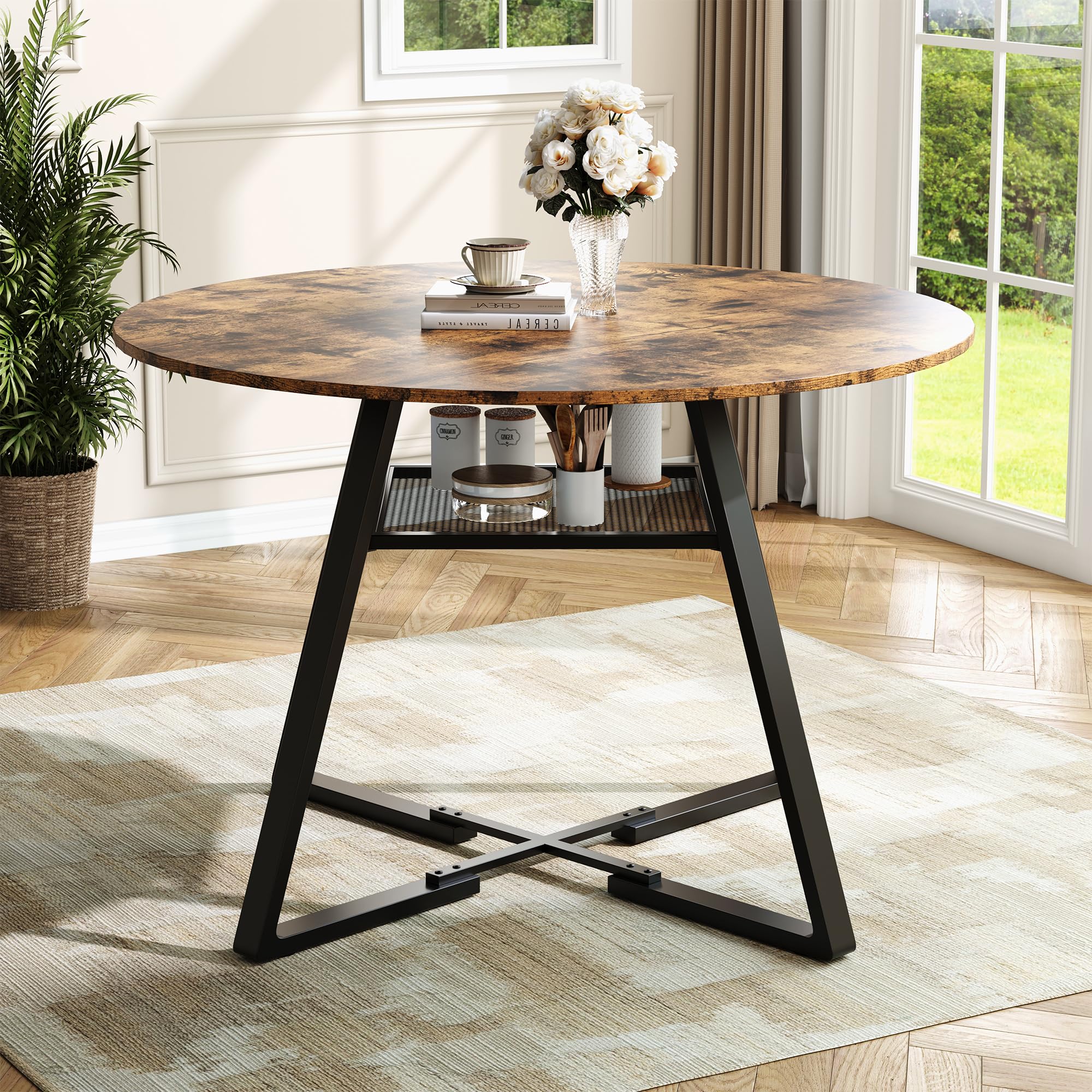 Table à manger ronde en bois pour 4 à 6 personnes, 120 cm, avec 1 étagère ouverte pour salle à manger, cuisine, salon, foncé + kaki (120 × 75 m)