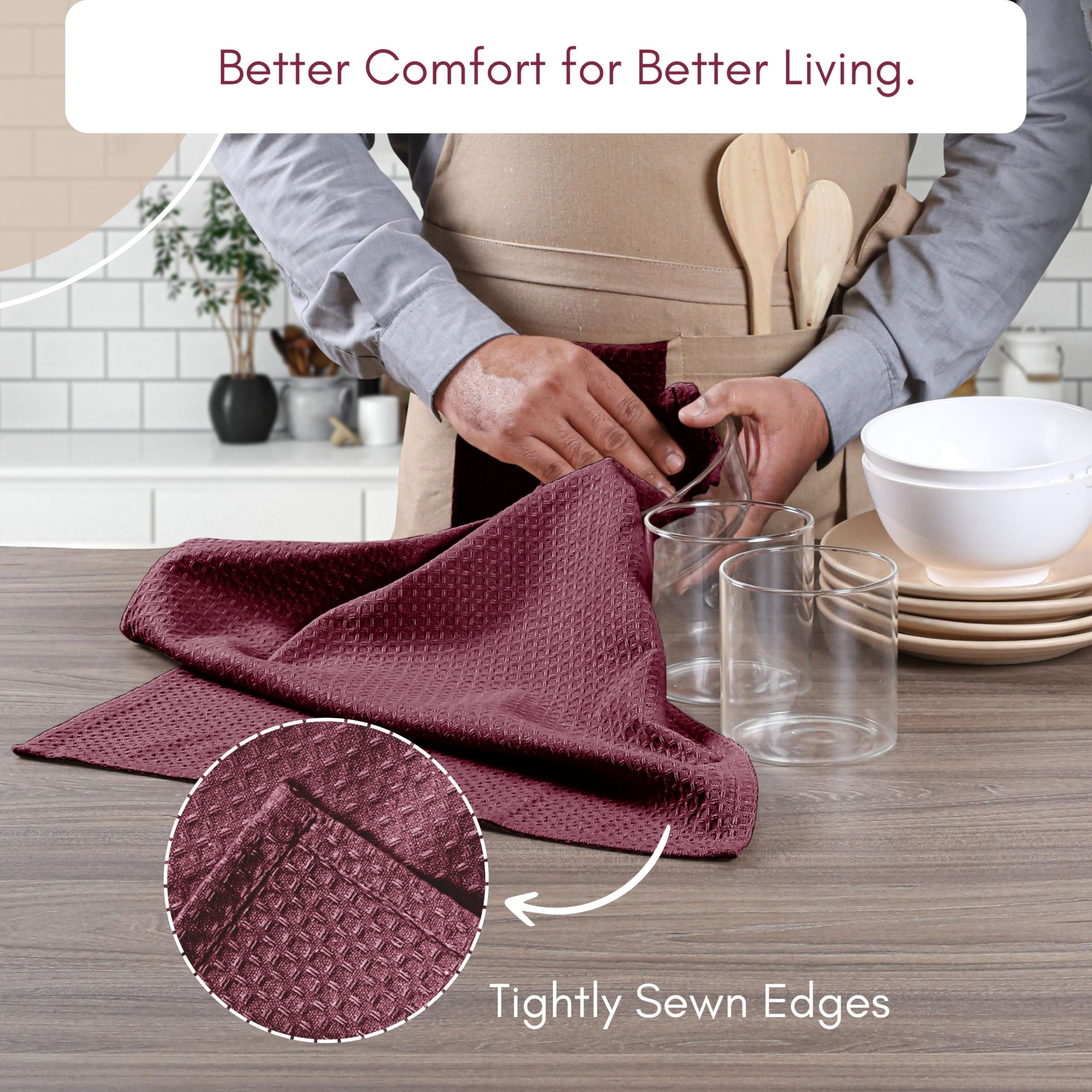 TWINY threads Juego de 6 toallas de cocina 100% algodón macizas con lazo para colgar (16 x 26 pulgadas), paño de tejido de gofre Dobby ultra absorbente, reutilizables, lavables a máquina, vino burdeos