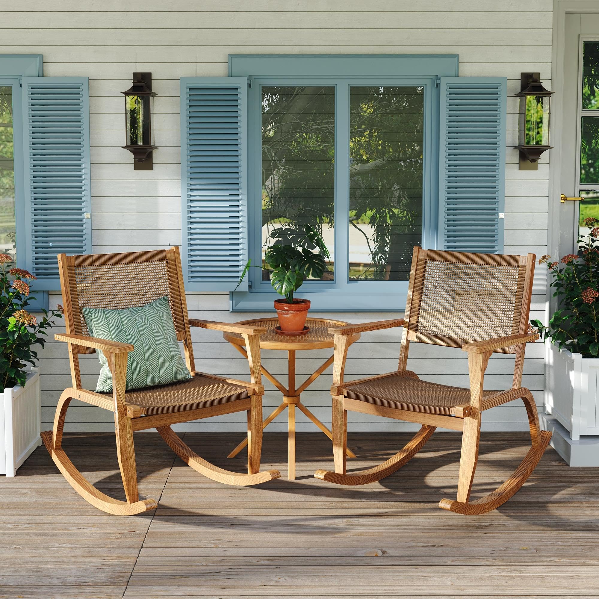 2 Pieces Patio Rocking Chair Set, Acacia Wood Outdoor Rockers with Wicker Rattan Seat & Backrest, Comfortable Garden Porch Chairs for Backyard, Balcony, and Poolside (Natural)
