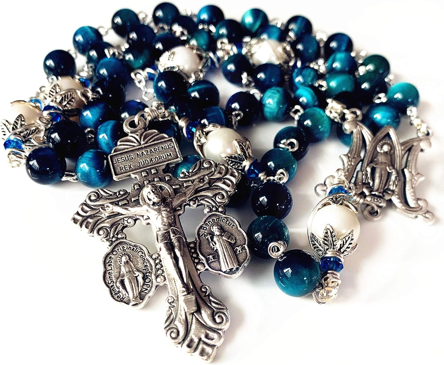 elegantmedical HANDMADE Peacock Blue Tiger Eye Beads Prayer Beads & (AAA) 10mm Pearl Catholic 5 Decade Rosary Cross Necklace Gift Box Italy Parden Crucifix