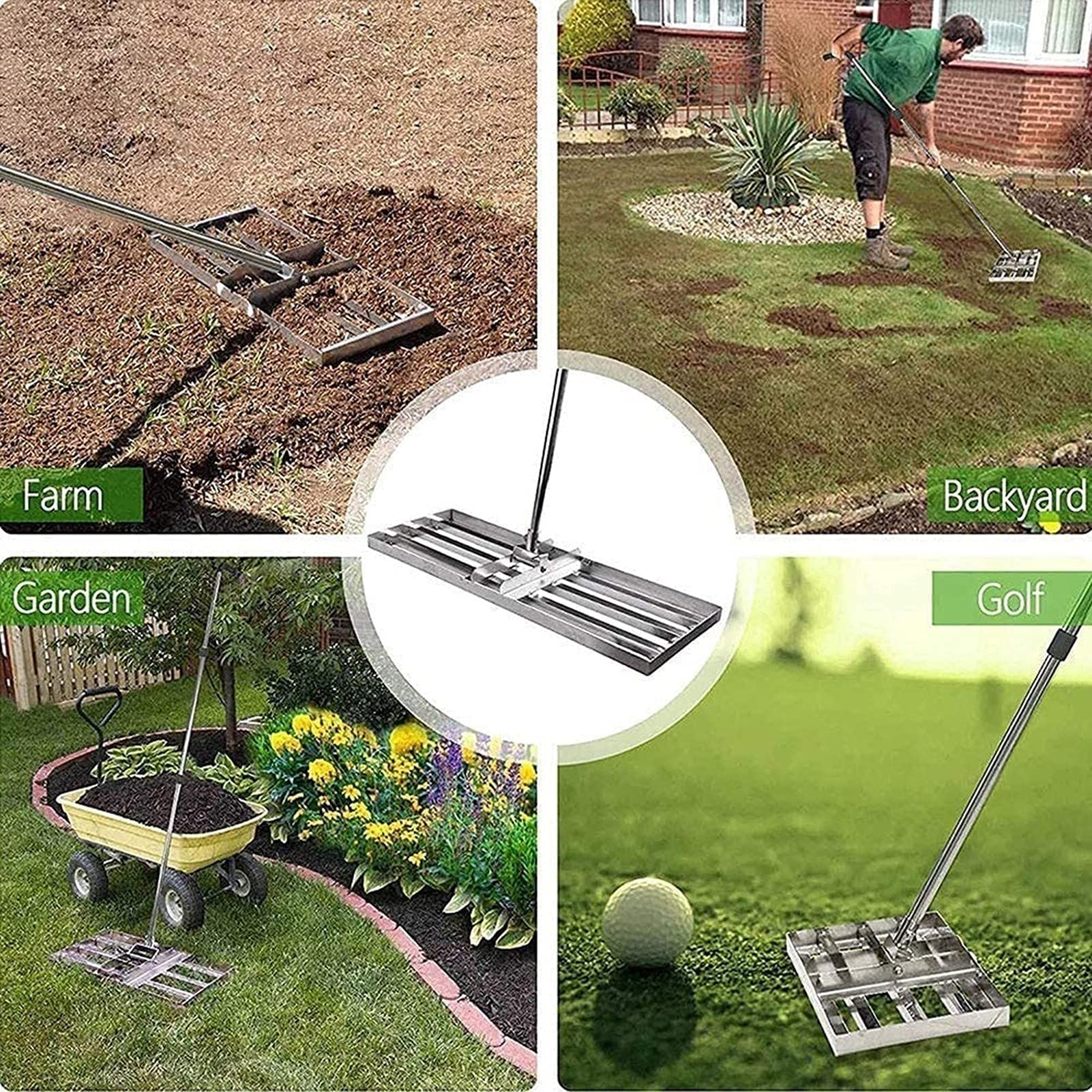 Grabie poziomicowe do trawnika Golf Garden Trawa, grabie do wyrównywania trawnika ze stali nierdzewnej, wyposażone w uchwyt 172,7 cm, wytrzymały sprzęt do popychania trawnika o dużej