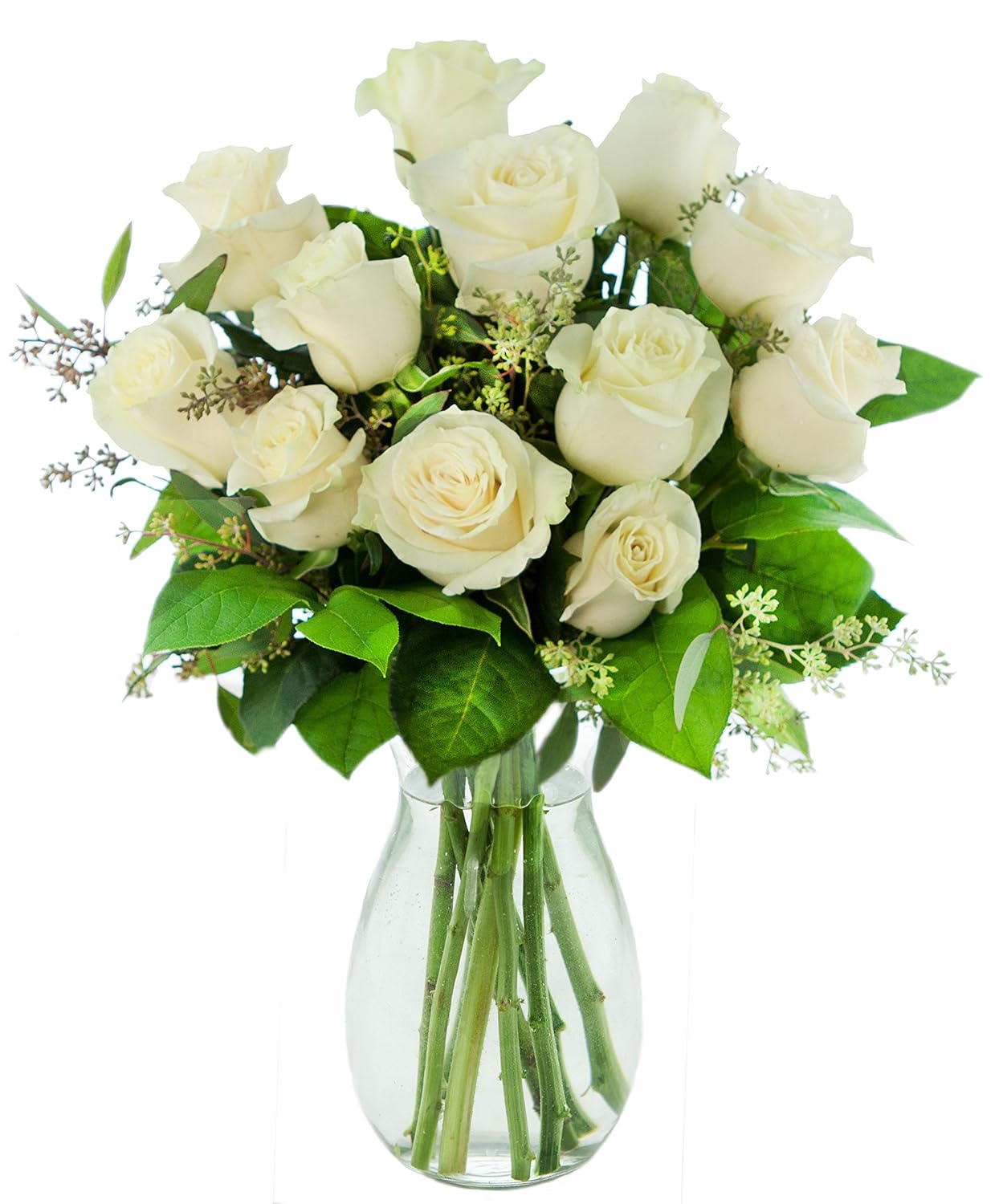 KaBloom - Bouquet of Heavenly White Roses: 12 White Roses and Lush Greens with Vase - Fresh Flowers for Birthday, Valentine's & Mother's Day