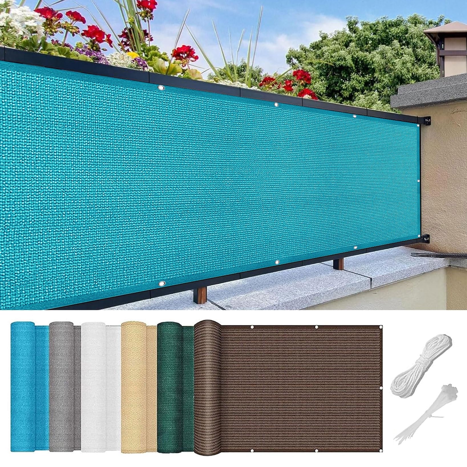 Balcony Privacy Screen 110 x 750 cm 90% Shading Rate Uv-Resistant Porch Privacy Fence Cover with Rope and Aluminium Eyelets for Deck, Backyard, Patio, Balcony, Sky Blue