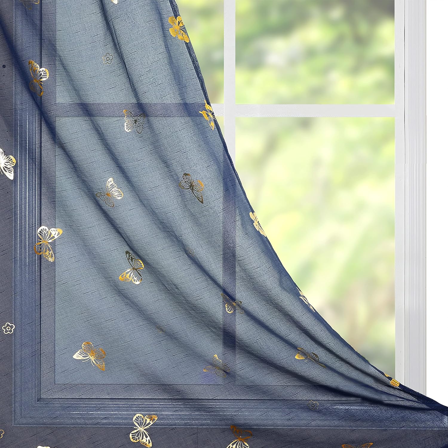 Jubilantex Butterfly Sheer Curtains Navy Blue Drapery with Gold Print Pattern 95 Inch Long, Kids Nursery Bedroom Voile Linen Textured Curtain Rod Pocket Window Drapes, 2 Panels