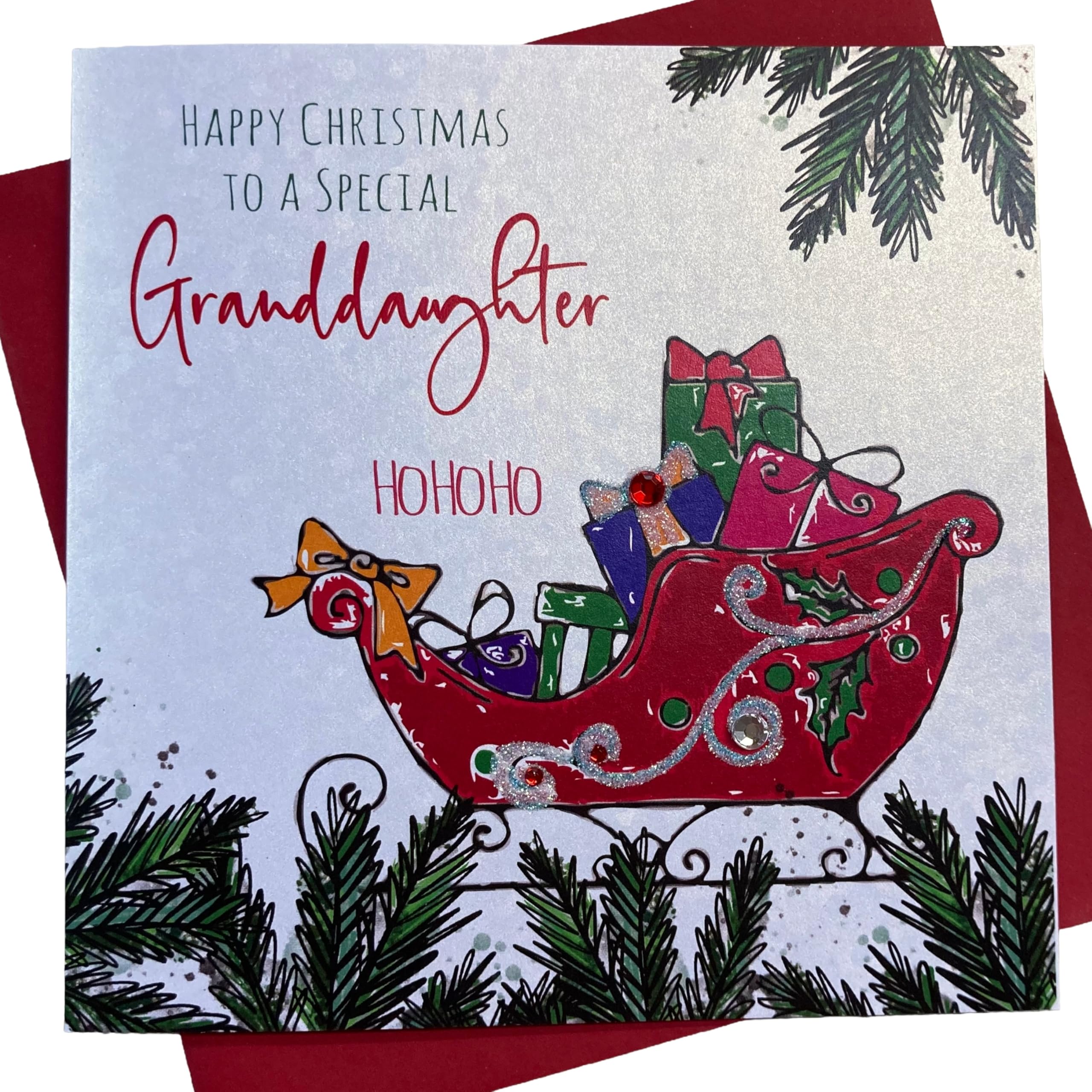 WHITE COTTON CARDS To a Special Granddaughter Ho Ho Ho Handmade Card in Santas Sleigh Design