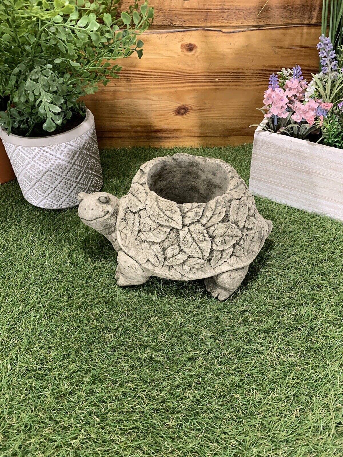 J And L Stone Ornaments Grey Stone Garden Tortoise Leaf Detail Planter Plant Pot Concrete Ornament