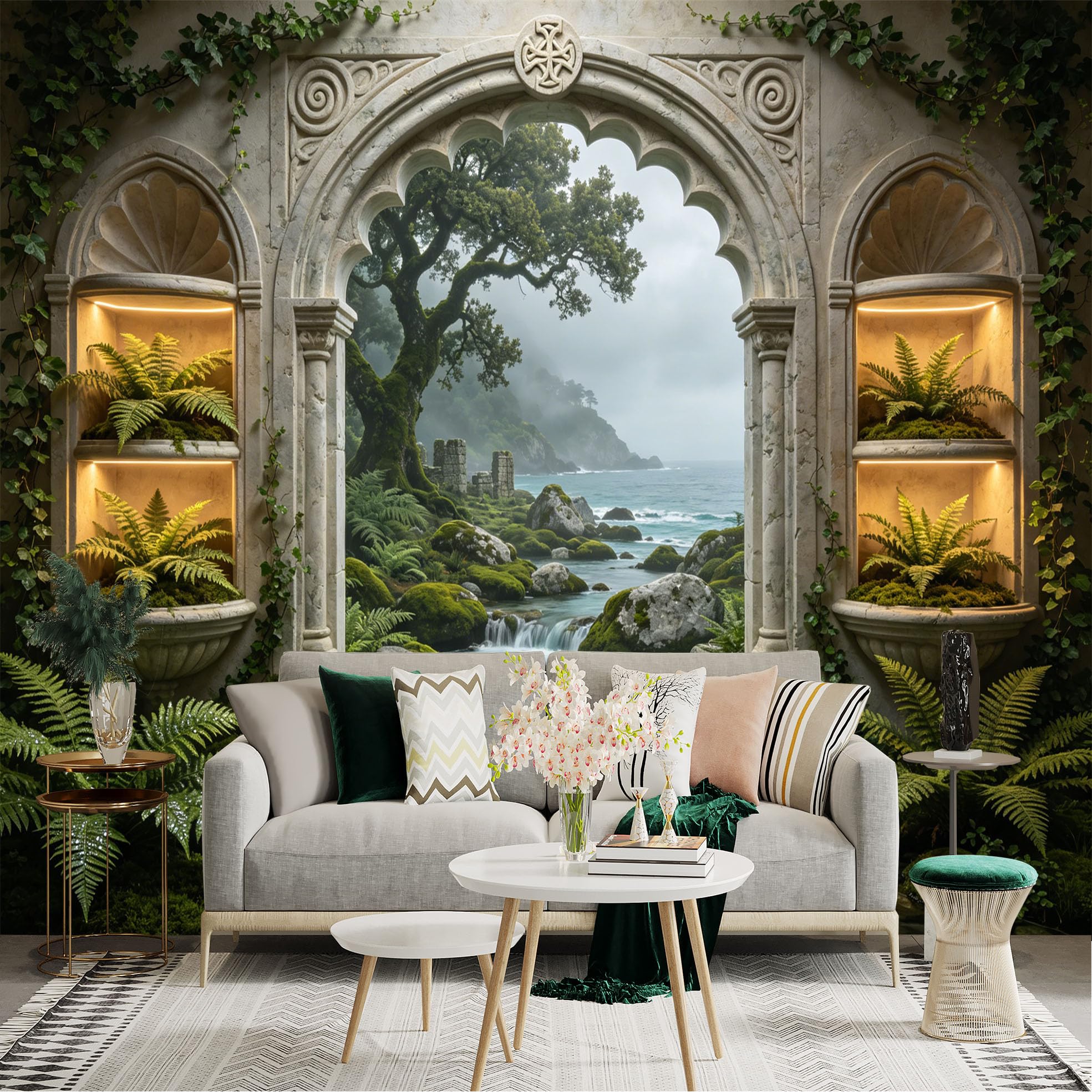 Custom Size Wall Sticker Mural， Enchanted Garden with Stone Arch， Waterfall Stream and Ocean View， for wall Decoration， peelandstick wall Decals.
