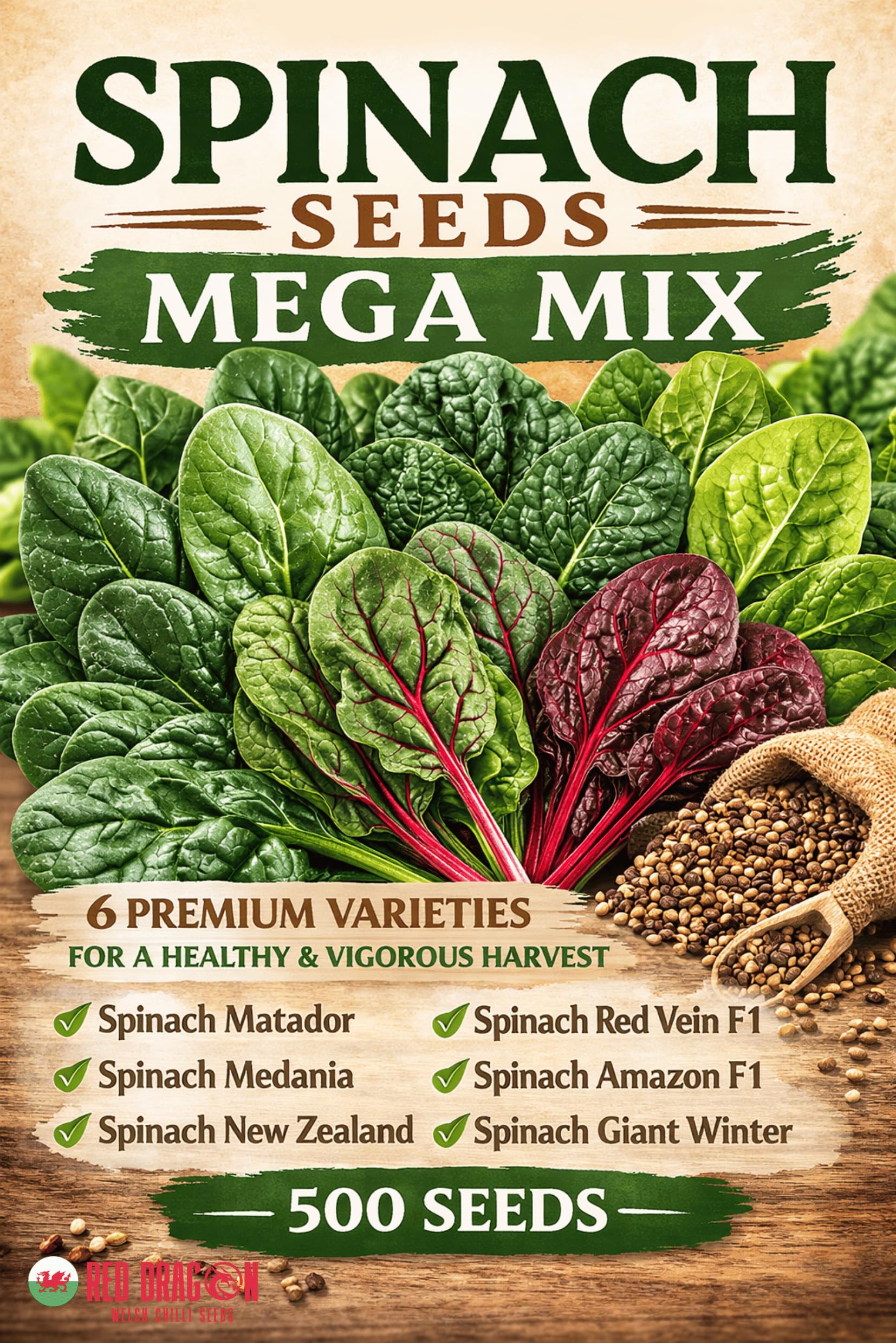 Spinach Seeds Mega Mix – 6 Variety Spinach Seed Collection – Approx. 500 Seeds – Matador, Medania, New Zealand, Red Vein F1, Amazon F1 & Giant Winter – Premium Vegetable Seeds for Garden Growing