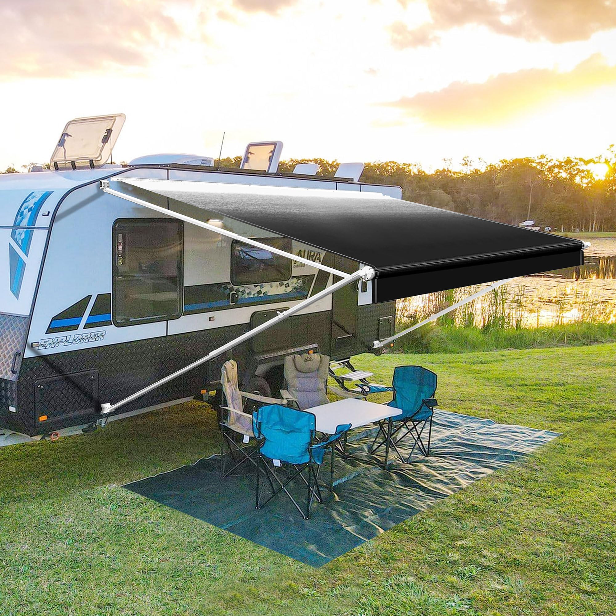 YESCAMPManual RV Awning Complete Kit Retractable Camper Awning for RV or Trailers RV Roll Out Awning RV Trailer Awning for Camper or 5th Wheel,Toy Haulers,Motohome(15Ft,White Frame,Black Fade)