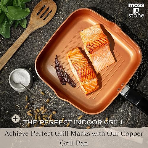 Miniatura 5 de Moss & Stone Sartén, sartén cuadrada de aluminio de 10 pulgadas, sartén antiadherente de cerámica de cobre para saltear que se mantiene fresco,