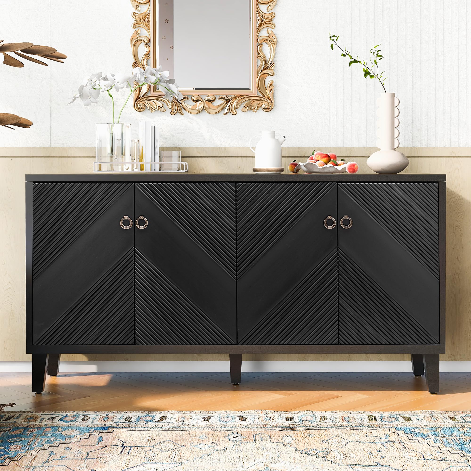 Amposei Accent Cabinet 59.9-Inch Wooden Sideboard Buffet Console Table Storage Cabinet with Doors & Adjustable Shelves for Living Dining Room Entrance, Black