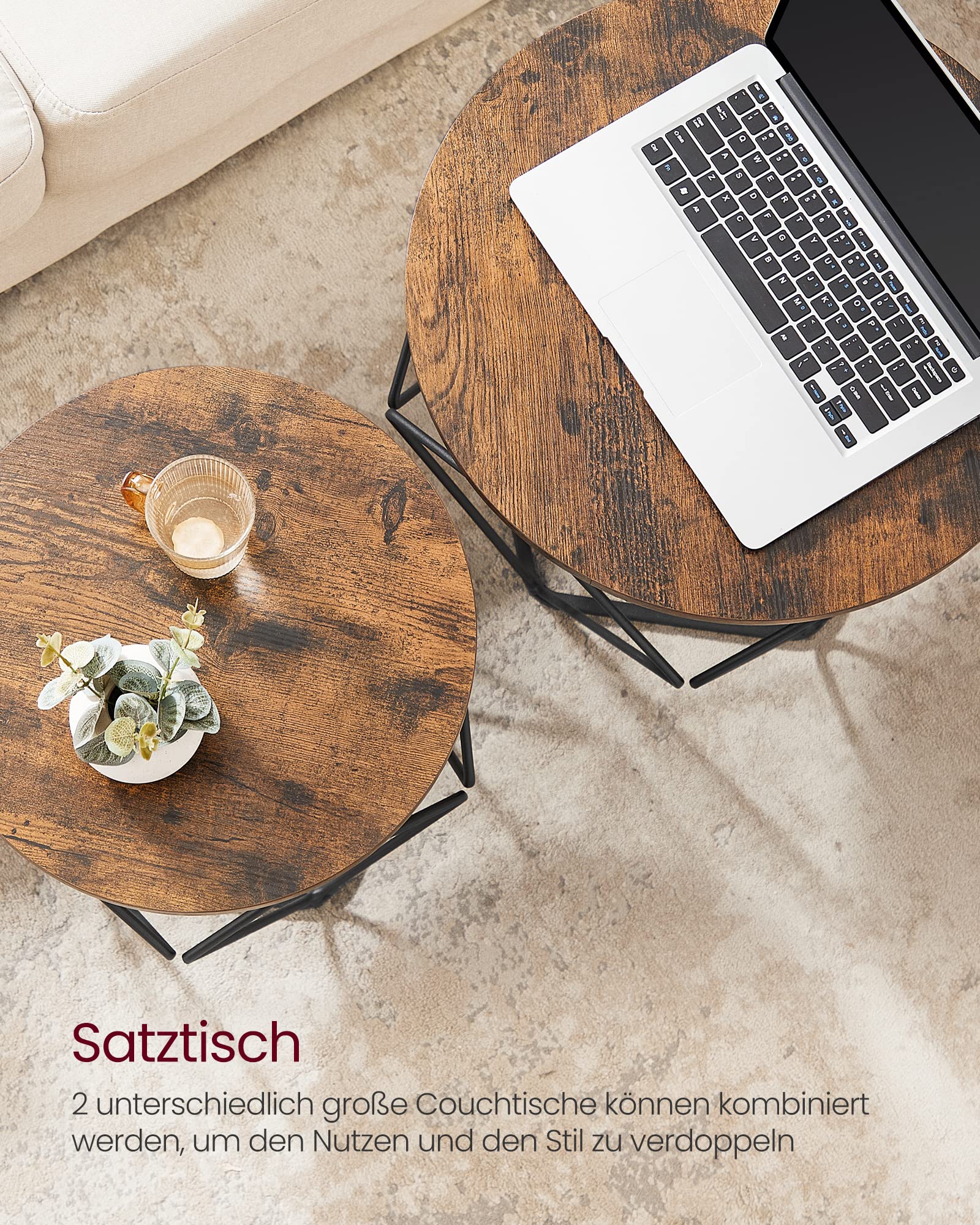 VASAGLE Couchtisch rund, 2er Set, Wohnzimmertisch, Beistelltisch, Vintage-Flair, abnehmbare Tischplatte, für Wohnzimmer, vintagebraun-tintenschwarz LET040B01