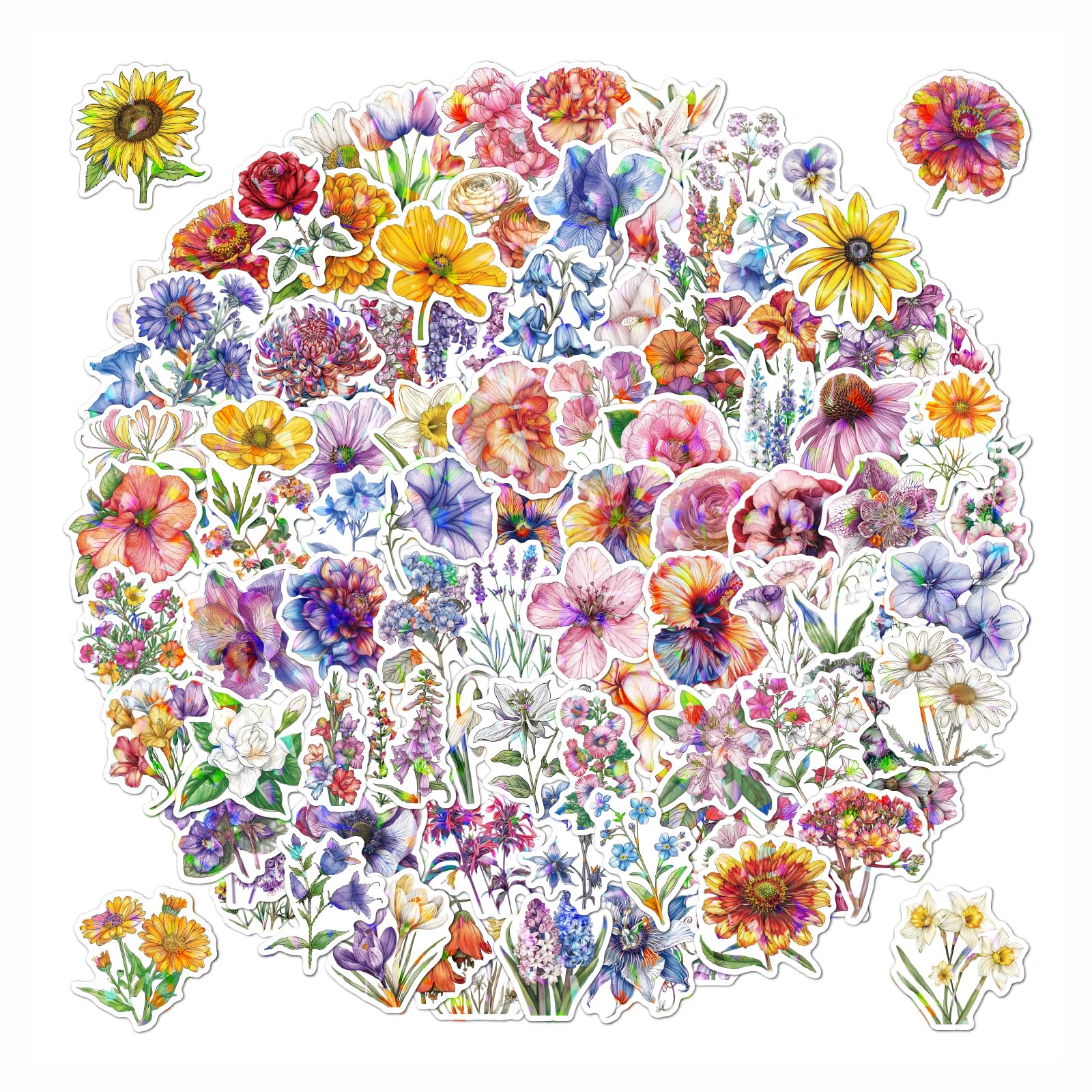 100pcs Flower Stickers Pack, Sparkly Holographic Aesthetic Decals for Water Bottle, Waterproof Stickers for Hydroflask Laptop Scrapbooking Phone,