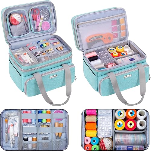 Miniatura 28 de BAFASO Organizador de accesorios de costura de doble capa con 2 bolsas desmontables, bolsa de almacenamiento grande para herramientas de costura Gris
