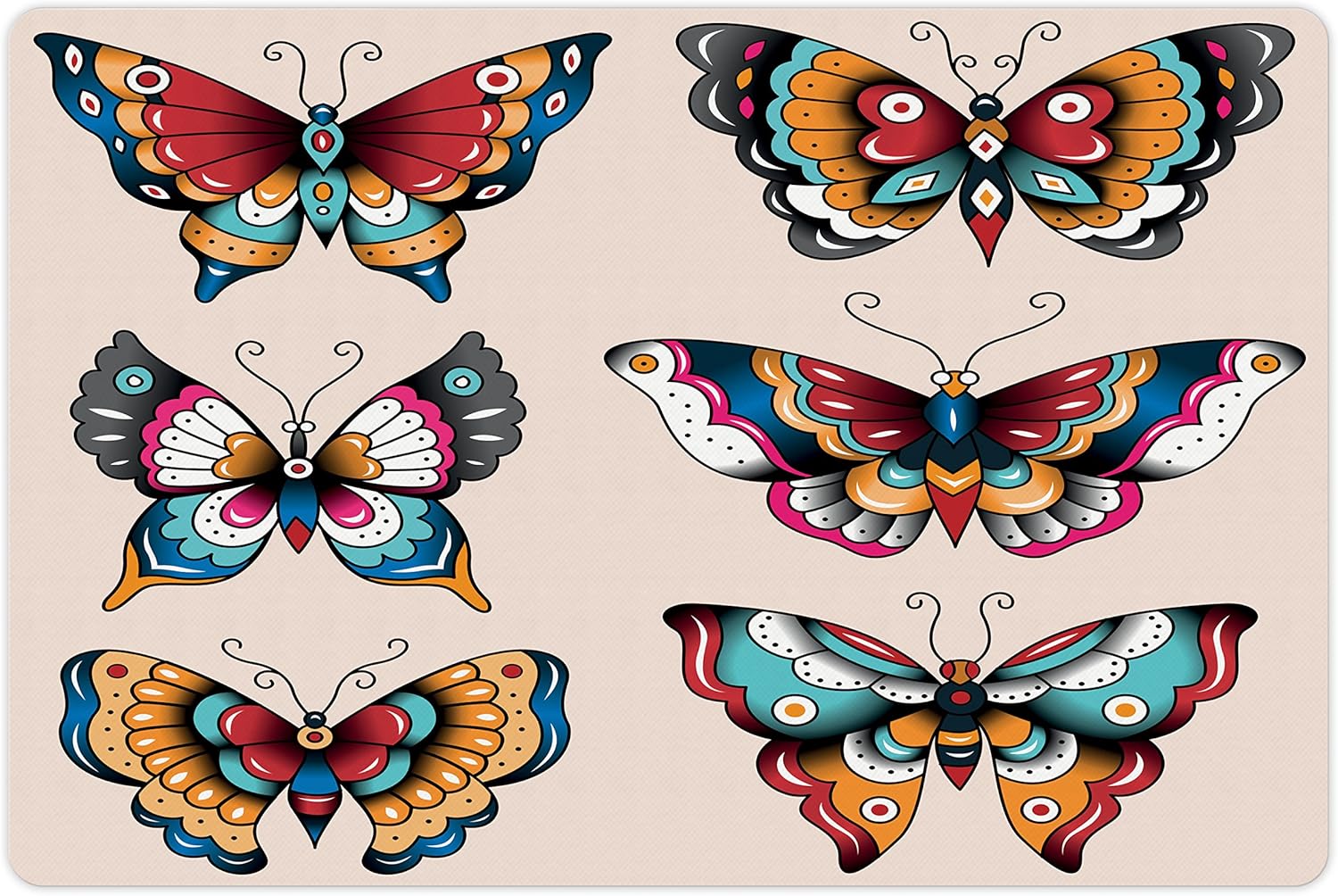 Lunarable Butterfly Pet Mat for Food and Water, Retro Butterflies with Ornamental Colorful Style Wings Spring Print, Non-Slip Rubber Mat for Dogs and Cats, 18 X 12, Multicolor