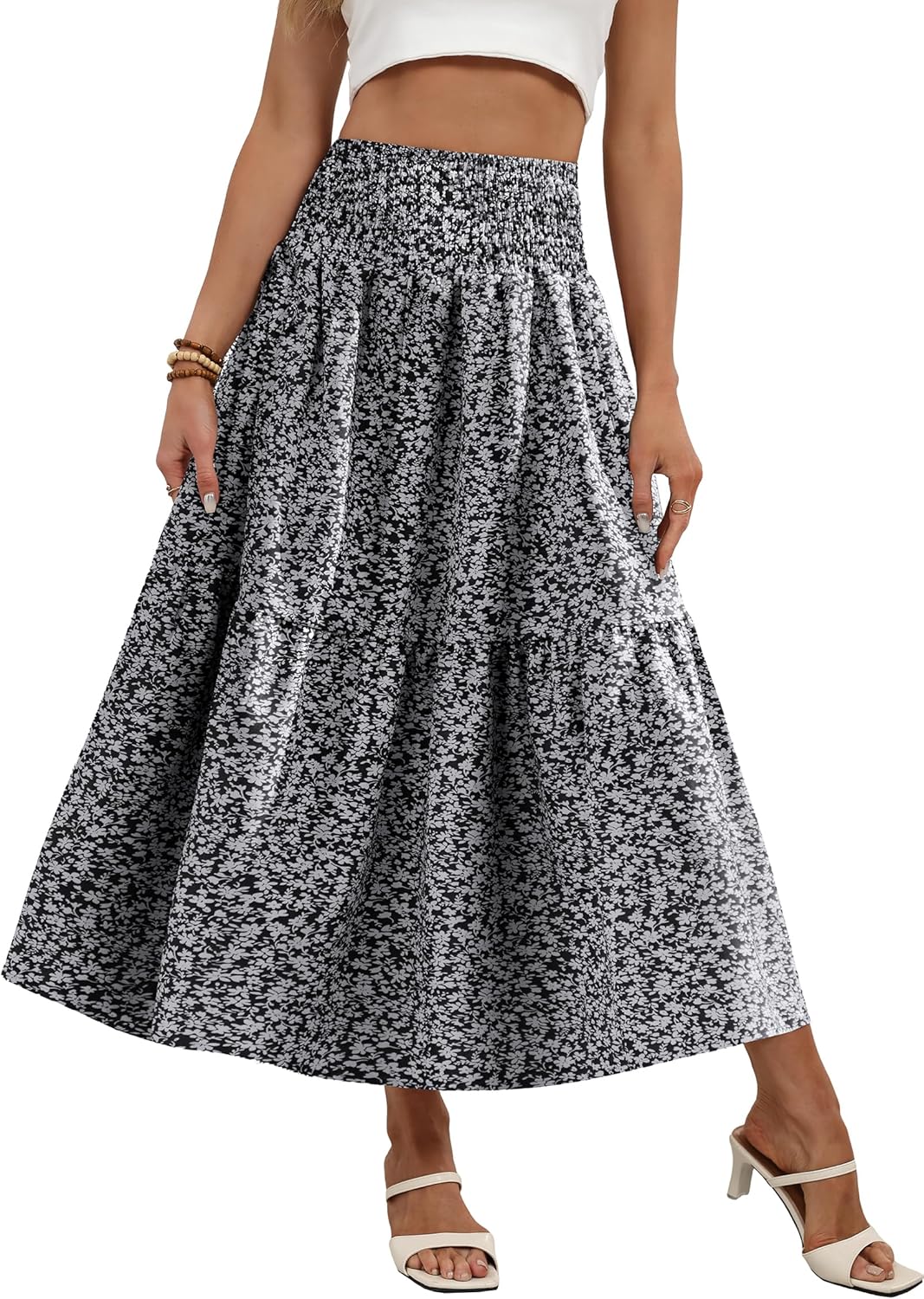 IWD Summer Long Skirts for Women Casual Smocked Elastic Waist Floral Maxi Skirt Flowy Swing A-Line Boho Skirt - Image 2