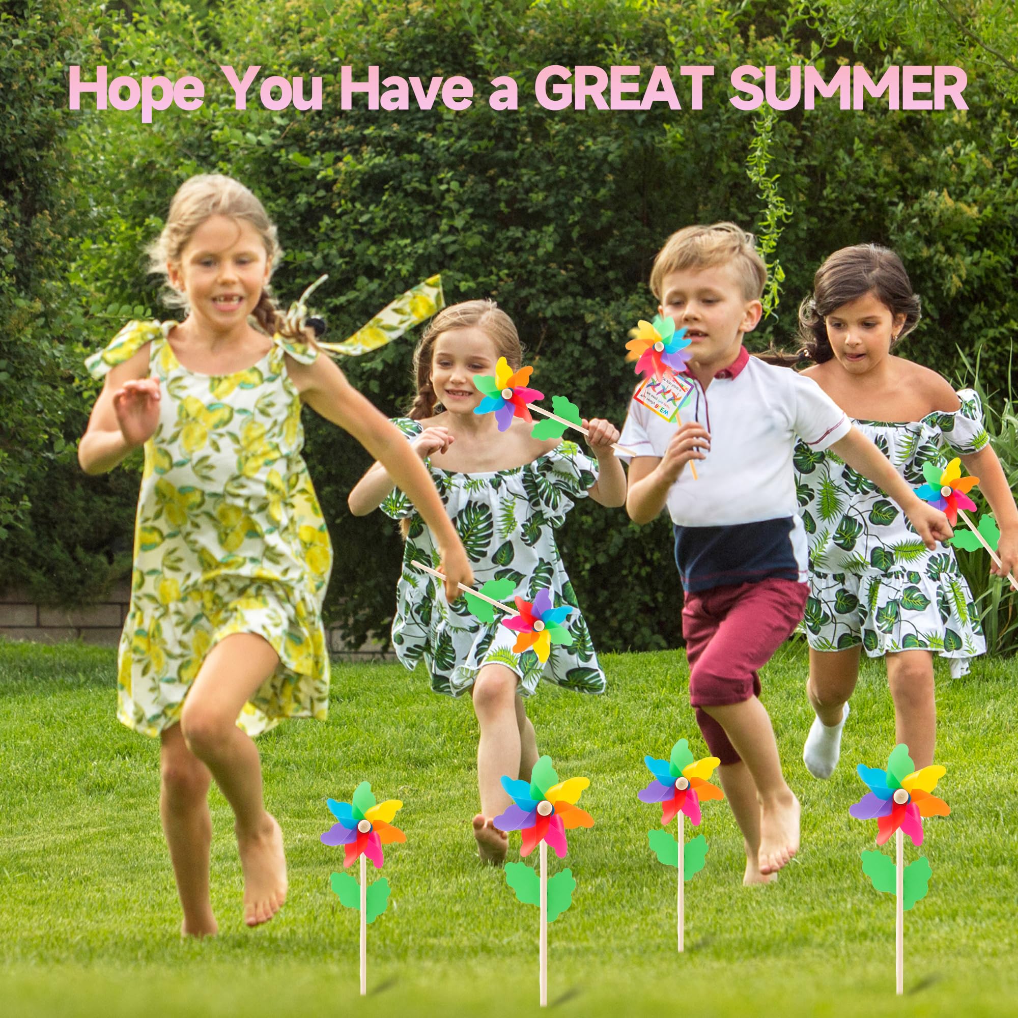 24 Pack End of Year Gifts Pinwheels for Kids Students Rainbow Flower Wind Spinners for Yard and Garden with 24 Pcs Cards and 16 ft Silk Ribbon,Wind Sculptures for Outdoor Decorations Party Favors - Image 4