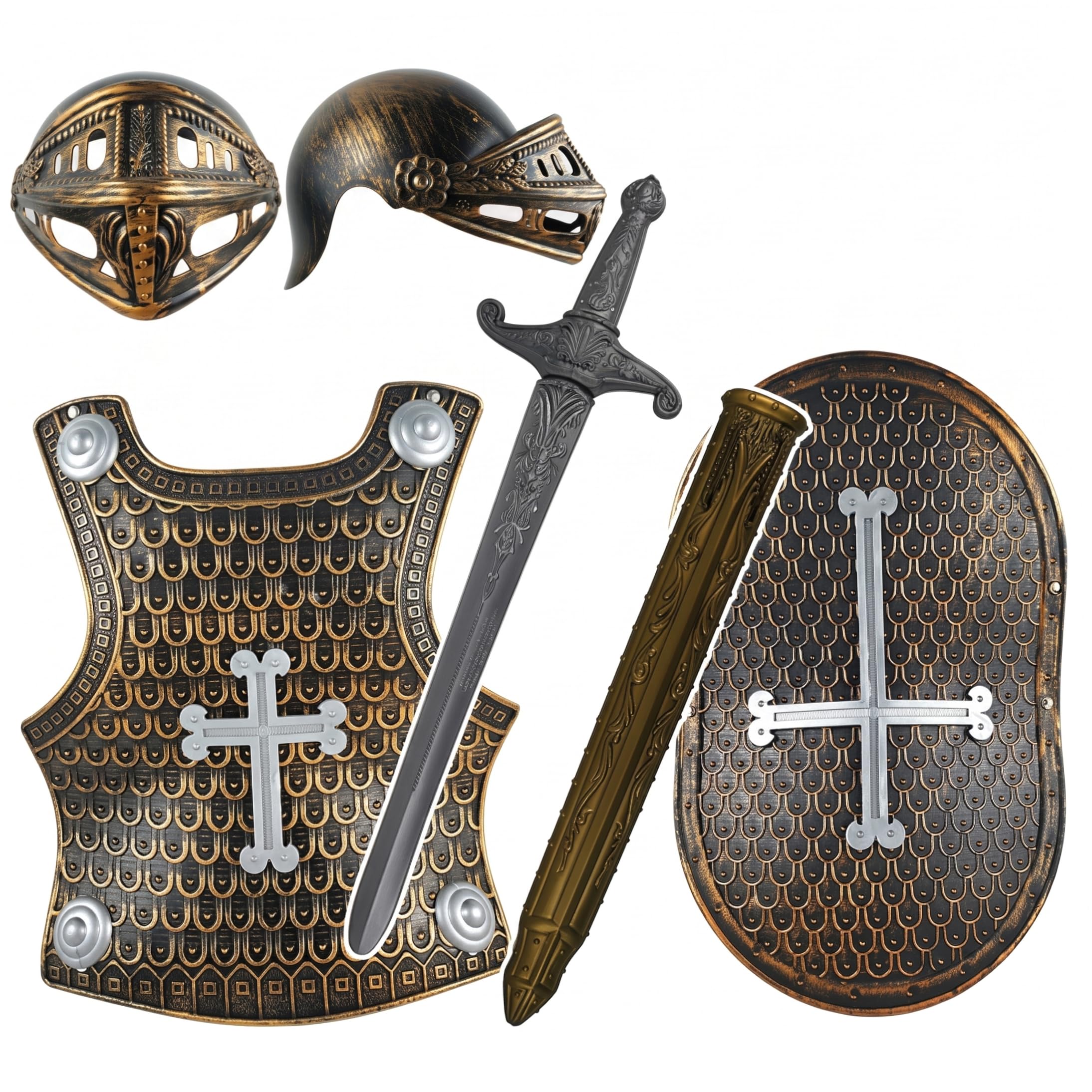 Monetais 1-Pack Knight Costume Kids Armor Set with Helmet, Chest Plate, Sword, Sheath & Shield, Bronze