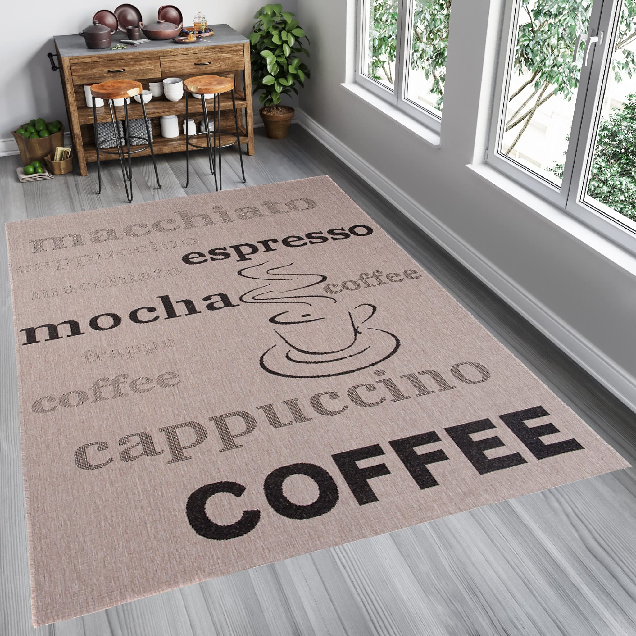 Tapiso FLOORLUX dywan o wyglądzie sizalu, tkanina płaska szara, srebrna, nowoczesne litery, kawa, do salonu, kuchni, do wnętrz, 200 x 290 cm